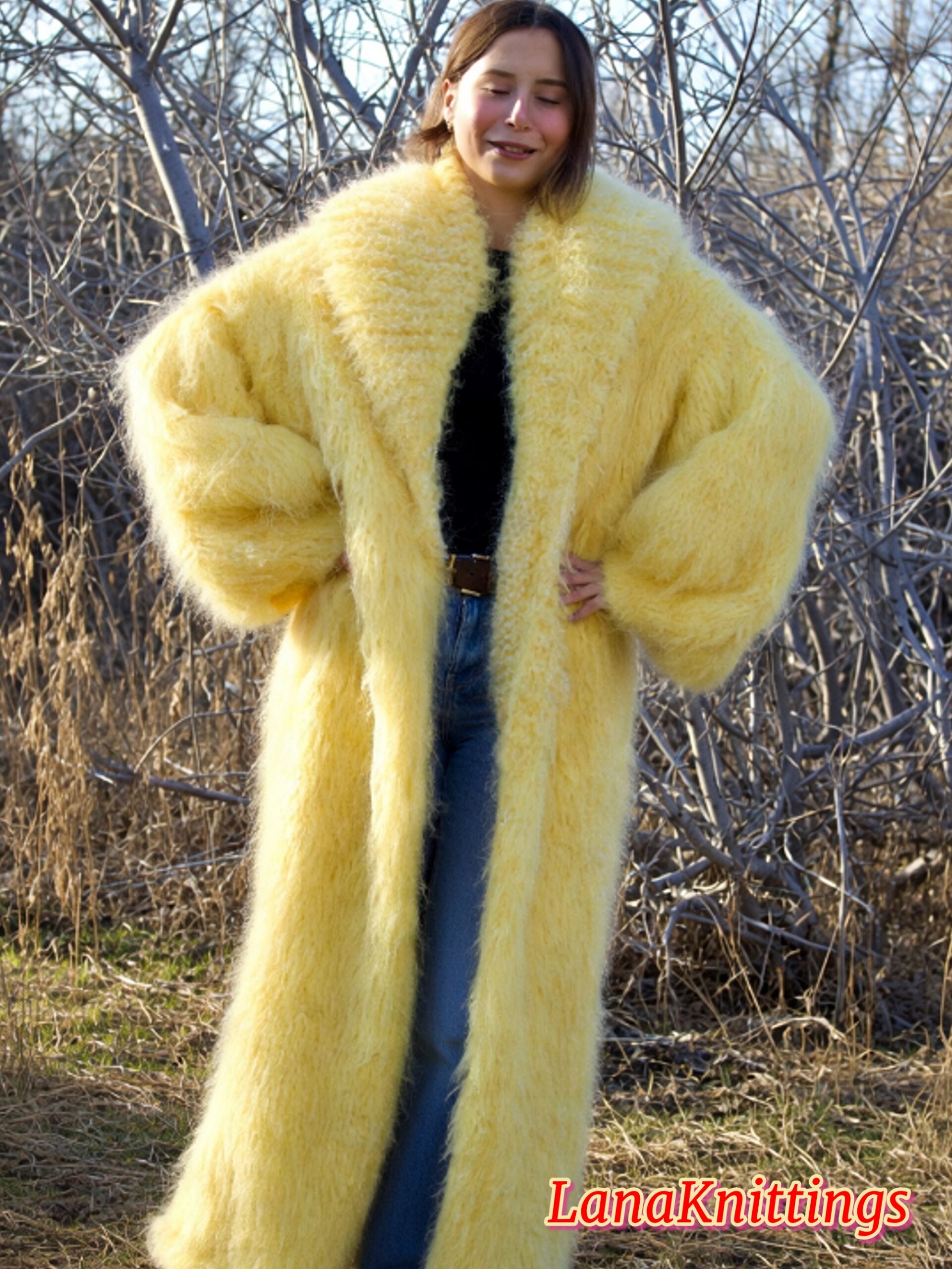 Mohair Long Coat Yellow Thick Mohair Shawl Neck HandKnitted - Image 7