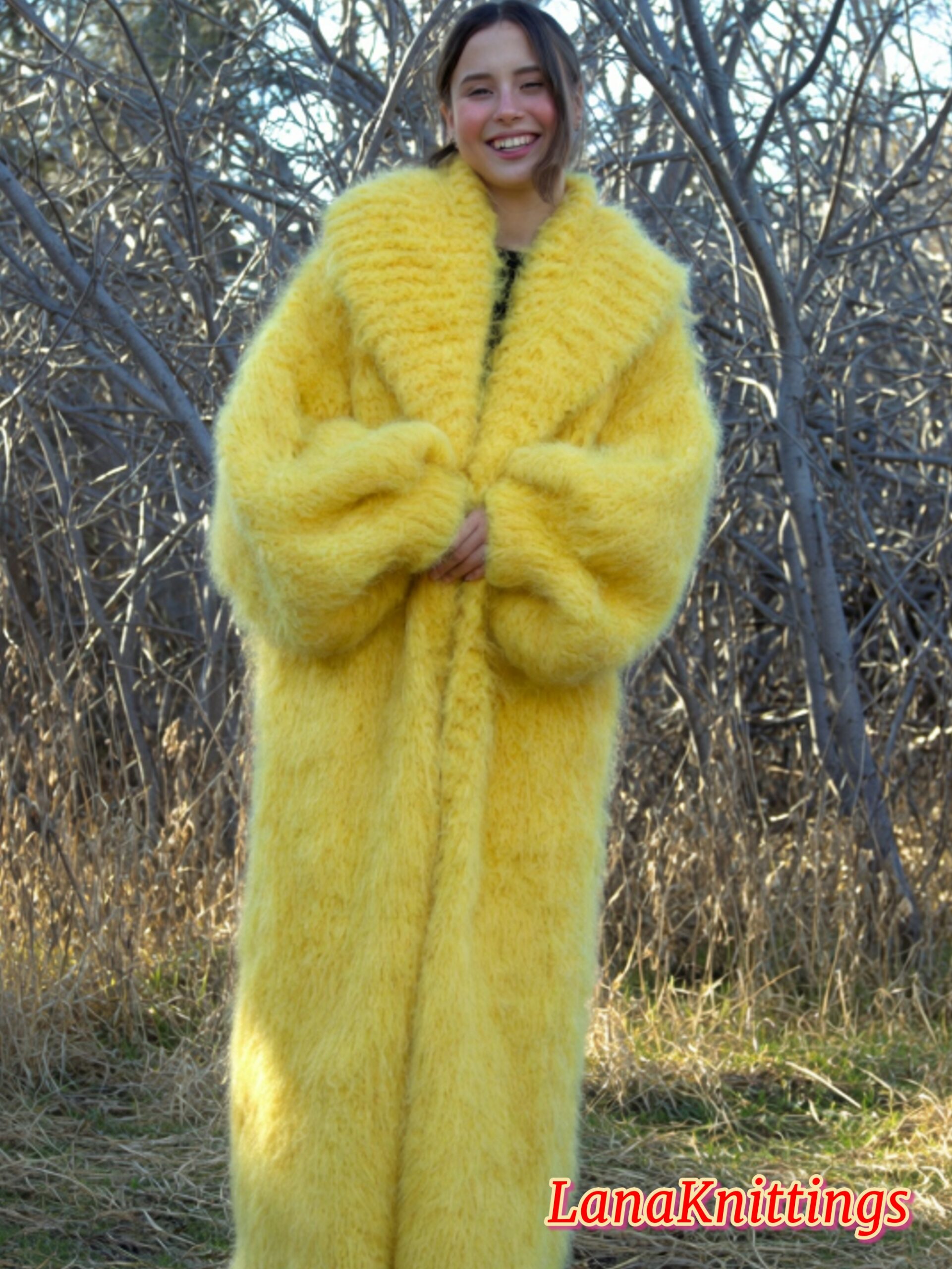 Mohair Long Coat Yellow Thick Mohair Shawl Neck HandKnitted - Image 8