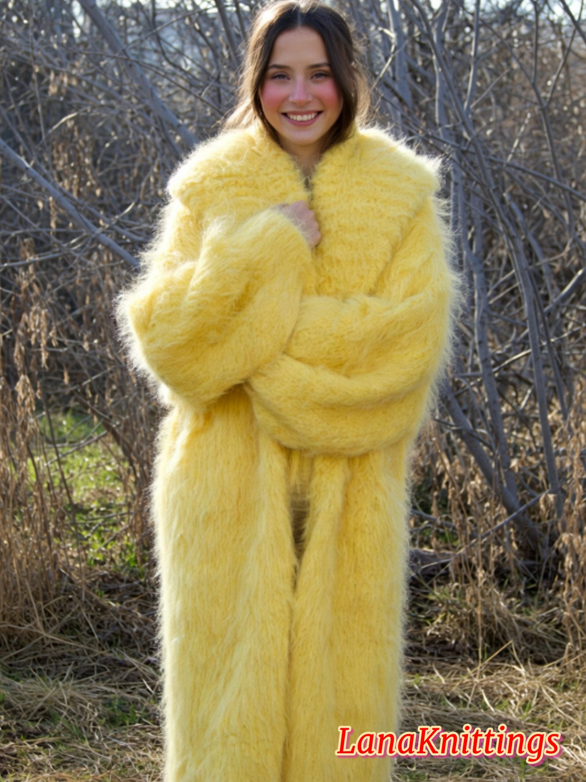 Mohair Long Coat Yellow Thick Mohair Shawl Neck HandKnitted - Image 10