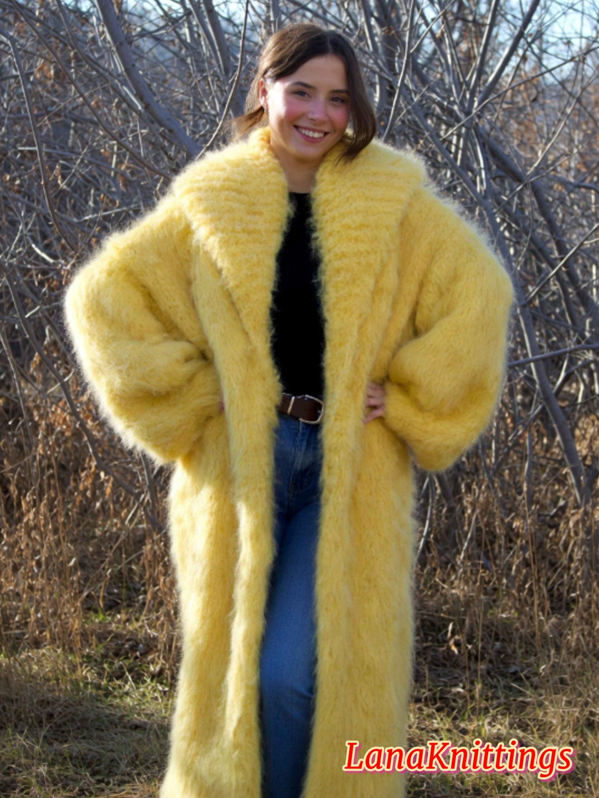 Mohair Long Coat Yellow Thick Mohair Shawl Neck HandKnitted - Image 11