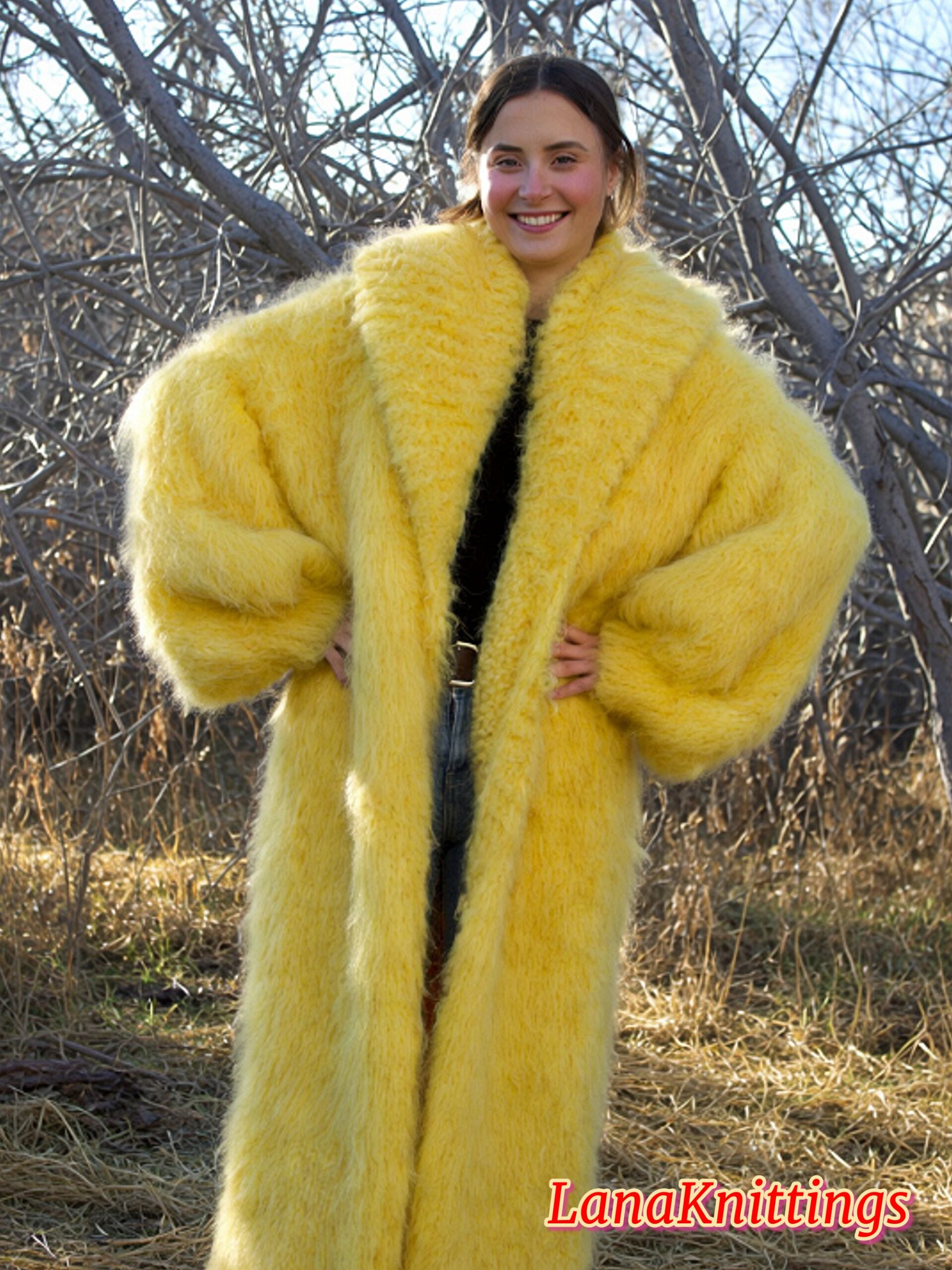 Mohair Long Coat Yellow Thick Mohair Shawl Neck HandKnitted - Image 13