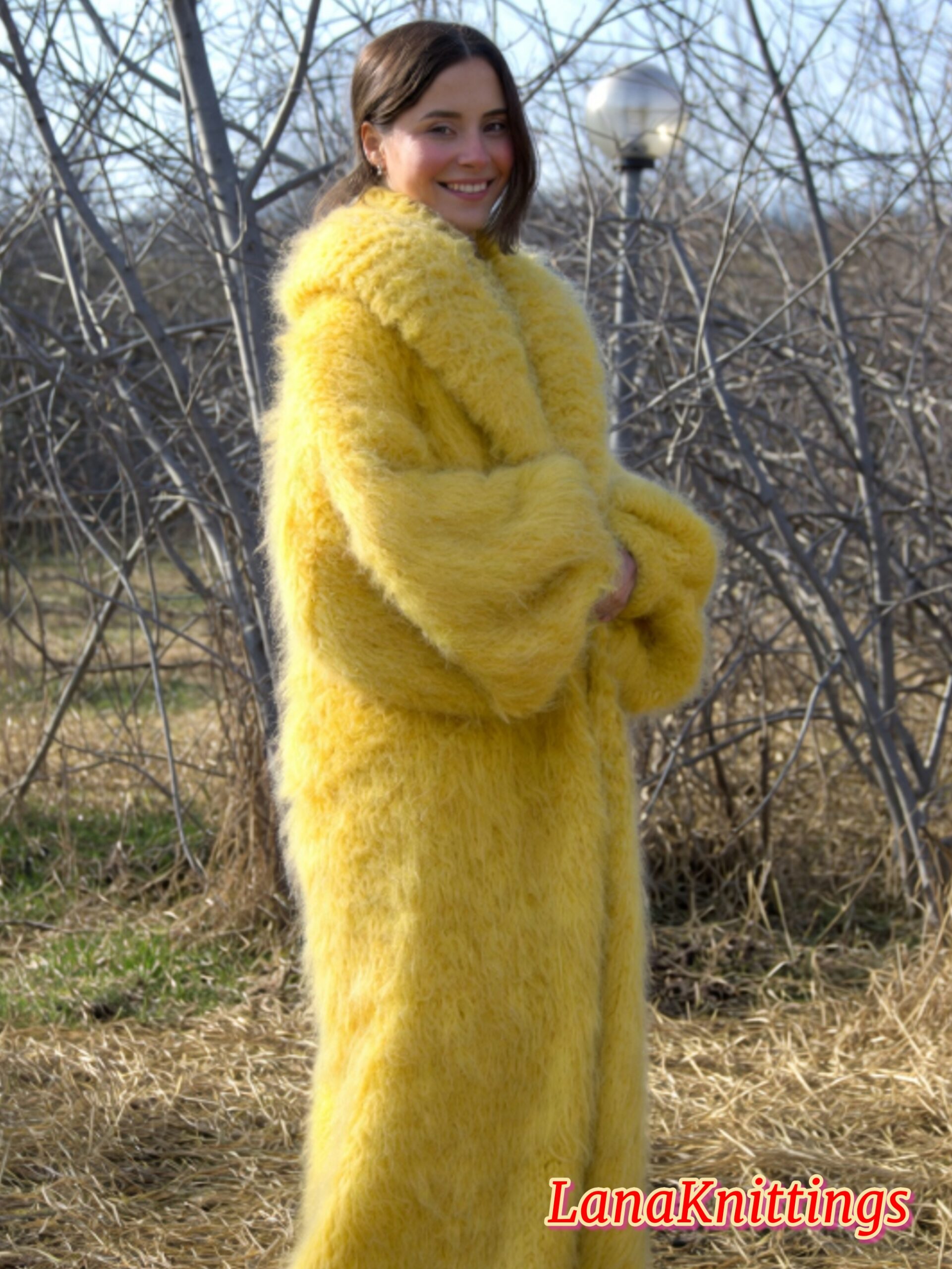 Mohair Long Coat Yellow Thick Mohair Shawl Neck HandKnitted - Image 12