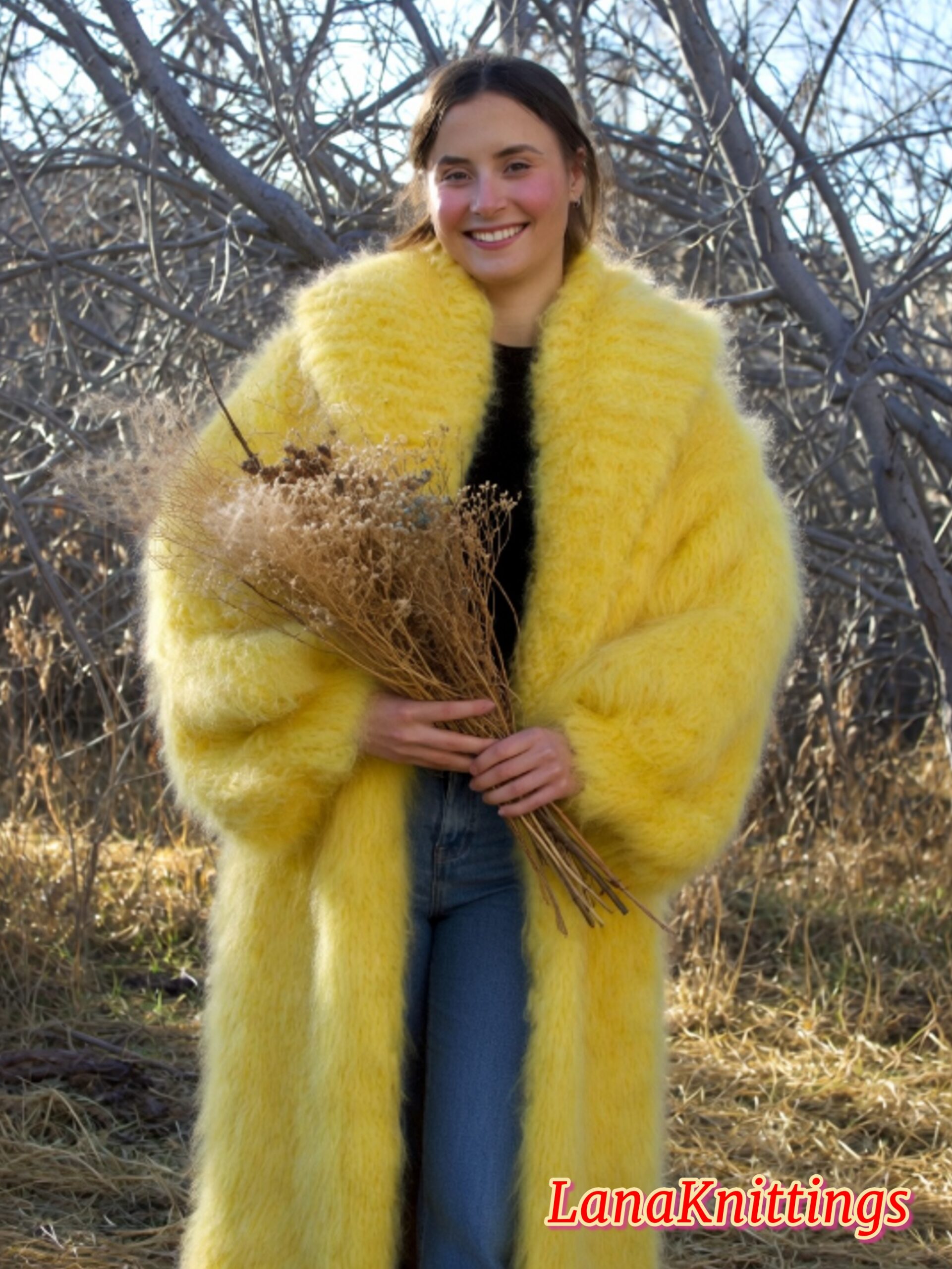 Mohair Long Coat Yellow Thick Mohair Shawl Neck HandKnitted - Image 6