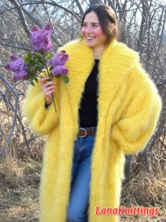 Mohair Long Coat Yellow Thick Mohair Shawl Neck HandKnitted