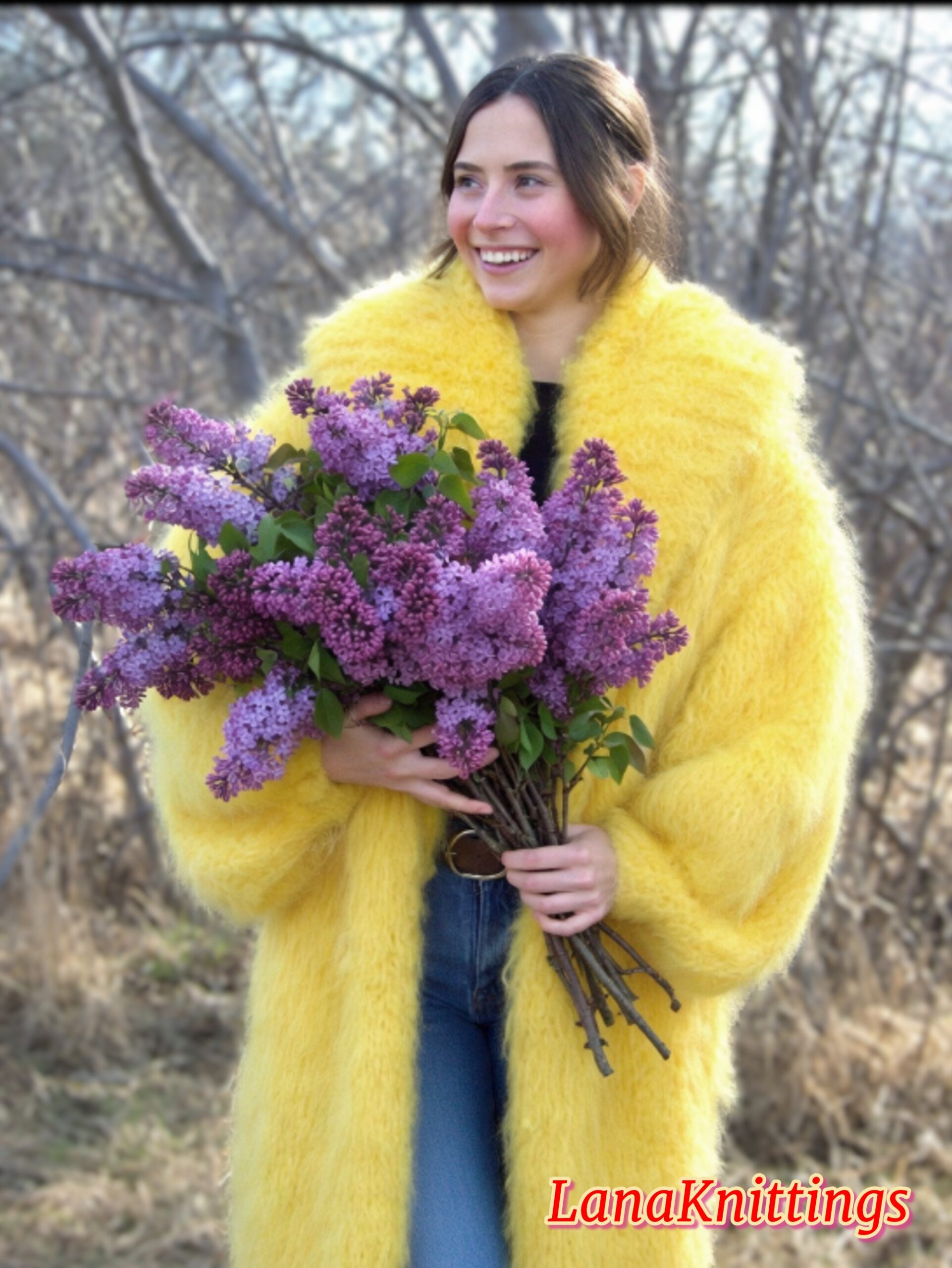 Mohair Long Coat Yellow Thick Mohair Shawl Neck HandKnitted - Image 9