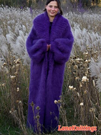 Mohair Long Coat Purple Thick Mohair Shawl Neck HandKnitted