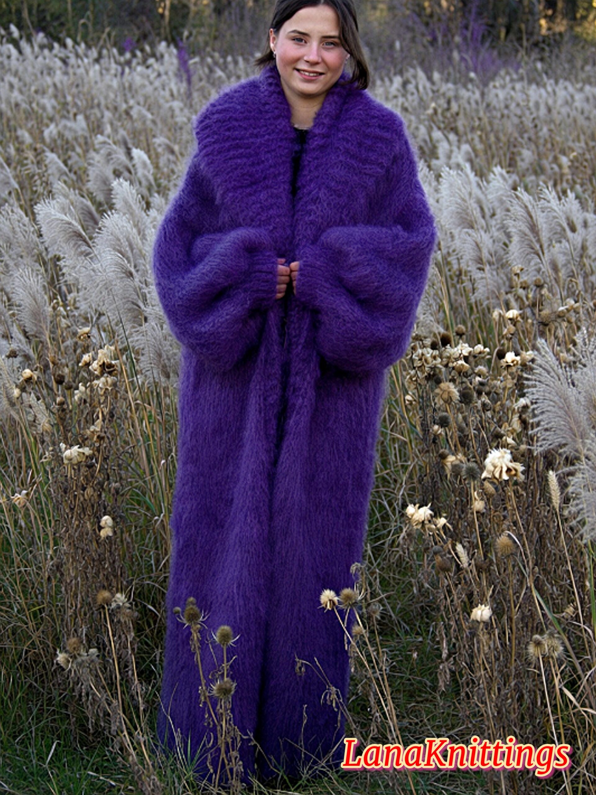 Mohair Long Coat Purple Thick Mohair Shawl Neck HandKnitted