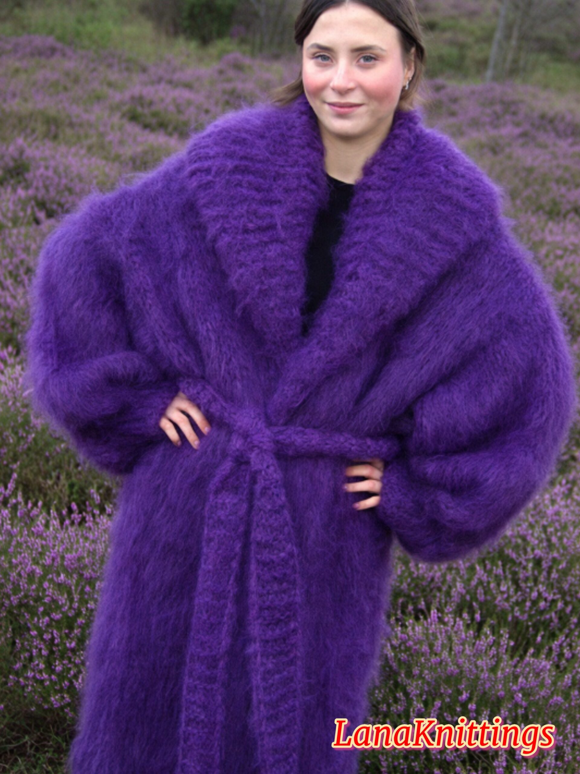 Mohair Long Coat Purple Thick Mohair Shawl Neck HandKnitted - Image 2