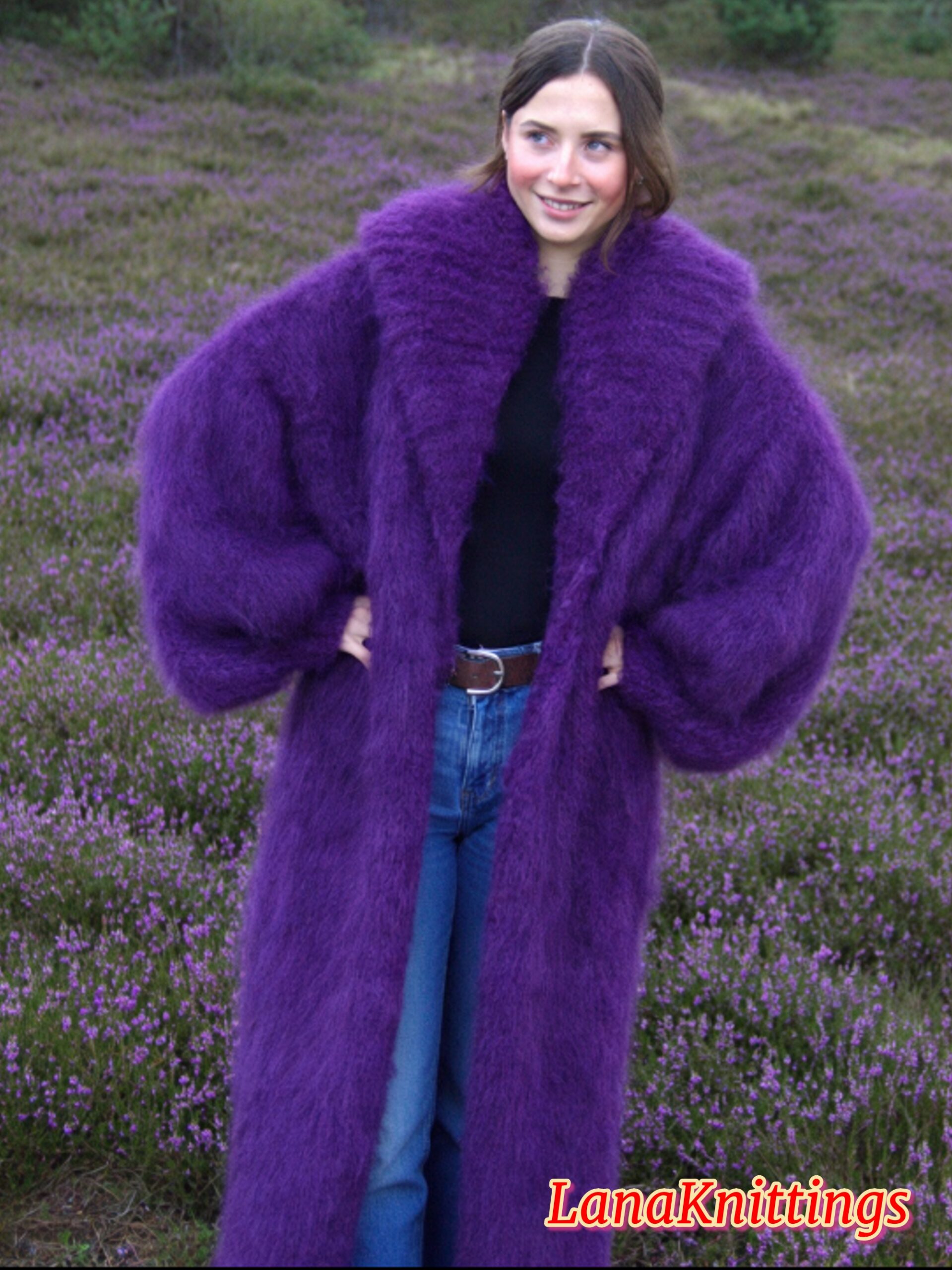 Mohair Long Coat Purple Thick Mohair Shawl Neck HandKnitted - Image 3
