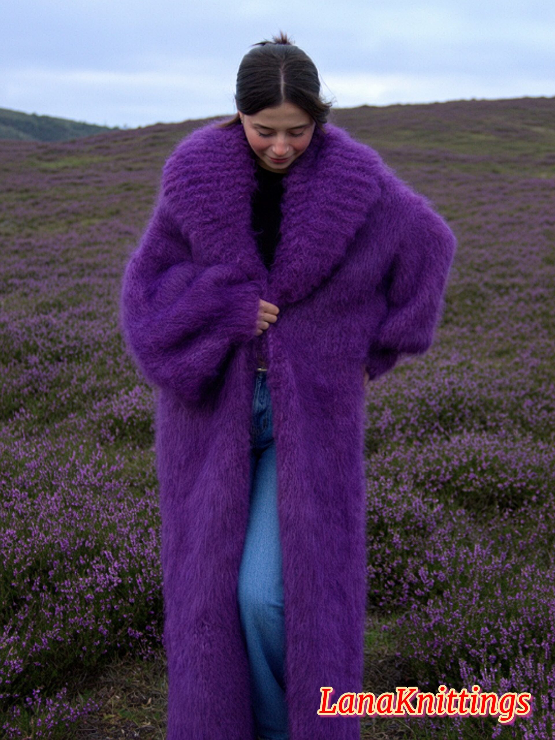 Mohair Long Coat Purple Thick Mohair Shawl Neck HandKnitted - Image 4
