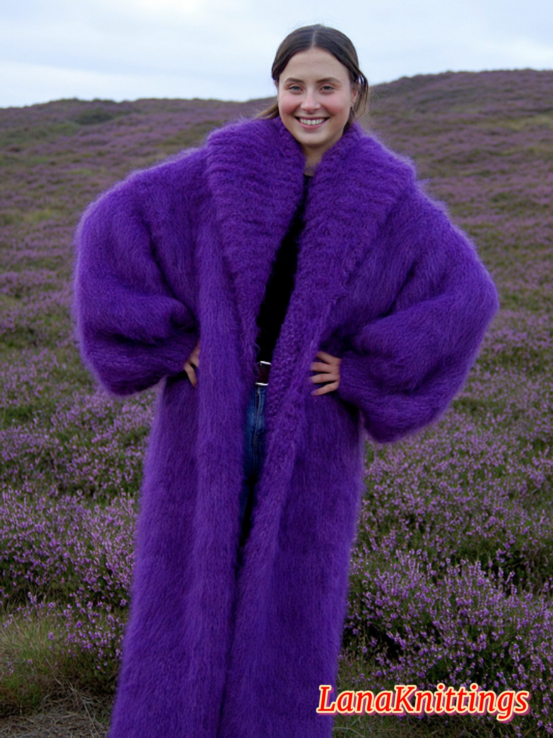 Mohair Long Coat Purple Thick Mohair Shawl Neck HandKnitted - Image 5