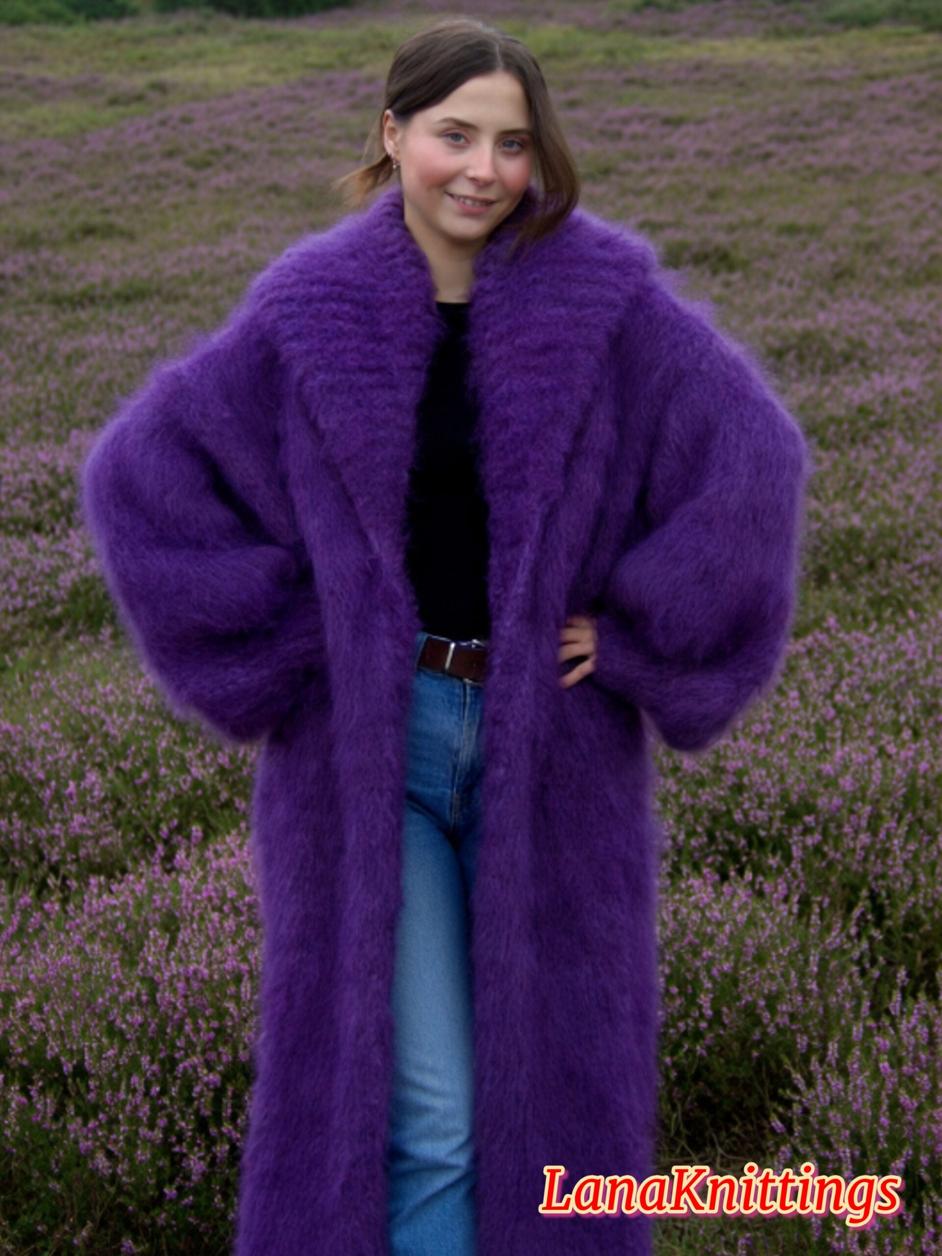 Mohair Long Coat Purple Thick Mohair Shawl Neck HandKnitted - Image 6