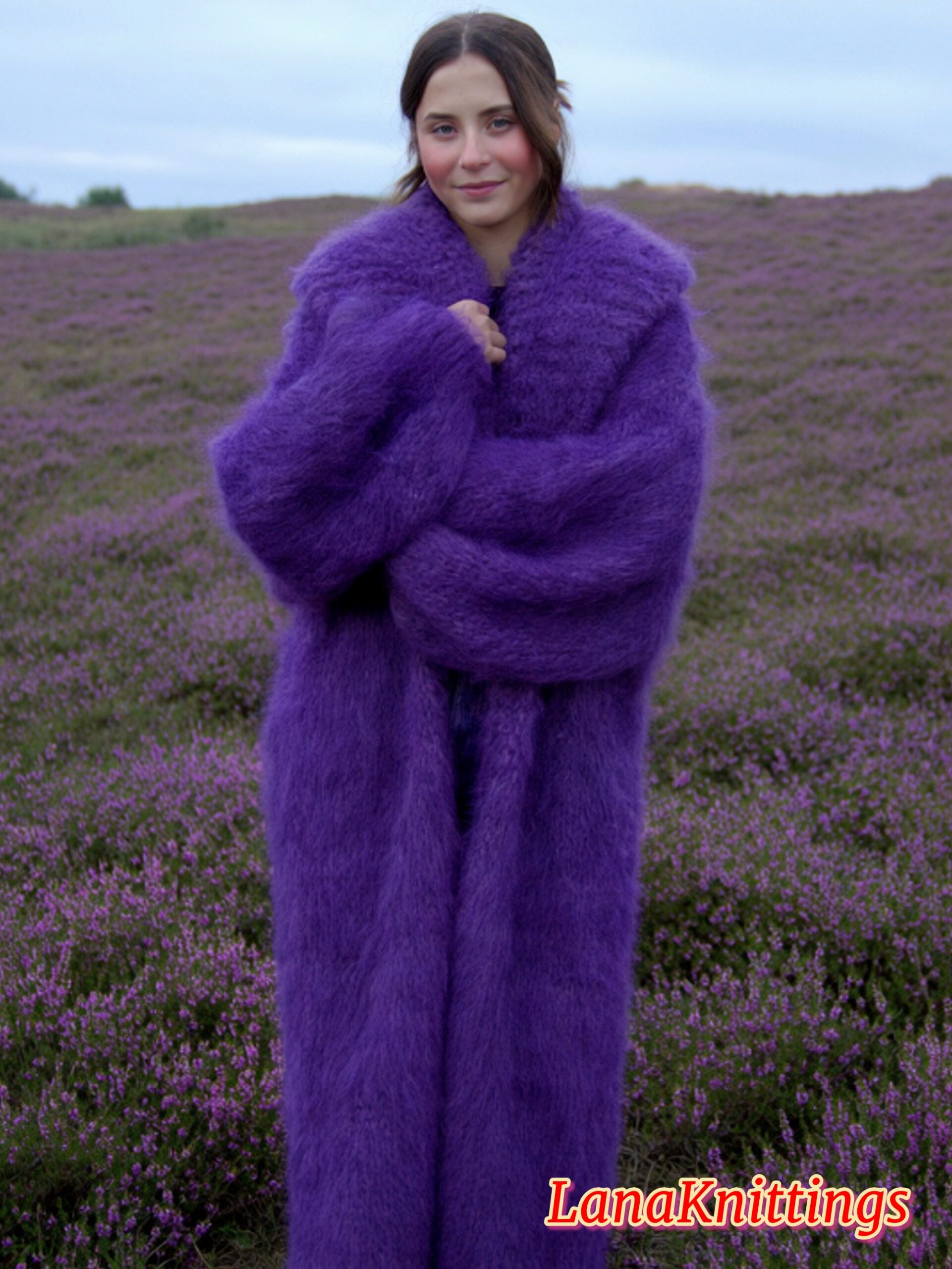 Mohair Long Coat Purple Thick Mohair Shawl Neck HandKnitted - Image 7