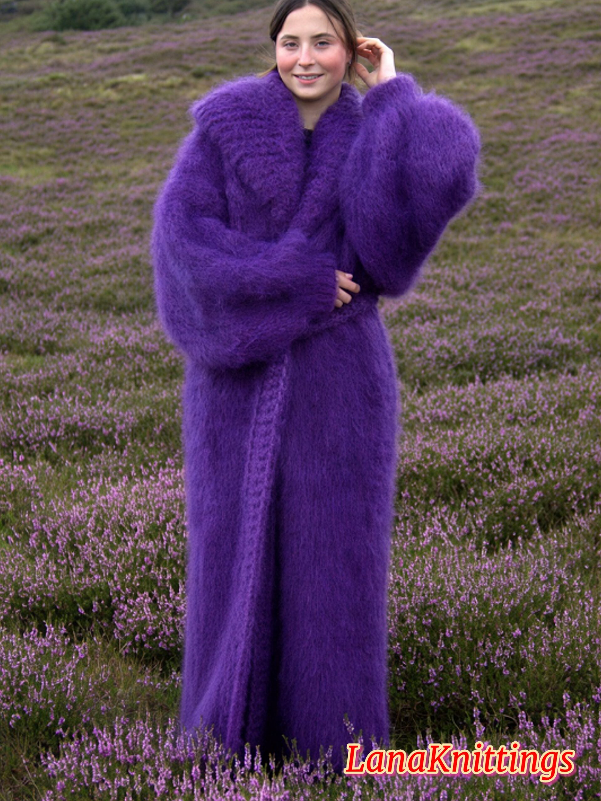 Mohair Long Coat Purple Thick Mohair Shawl Neck HandKnitted - Image 8