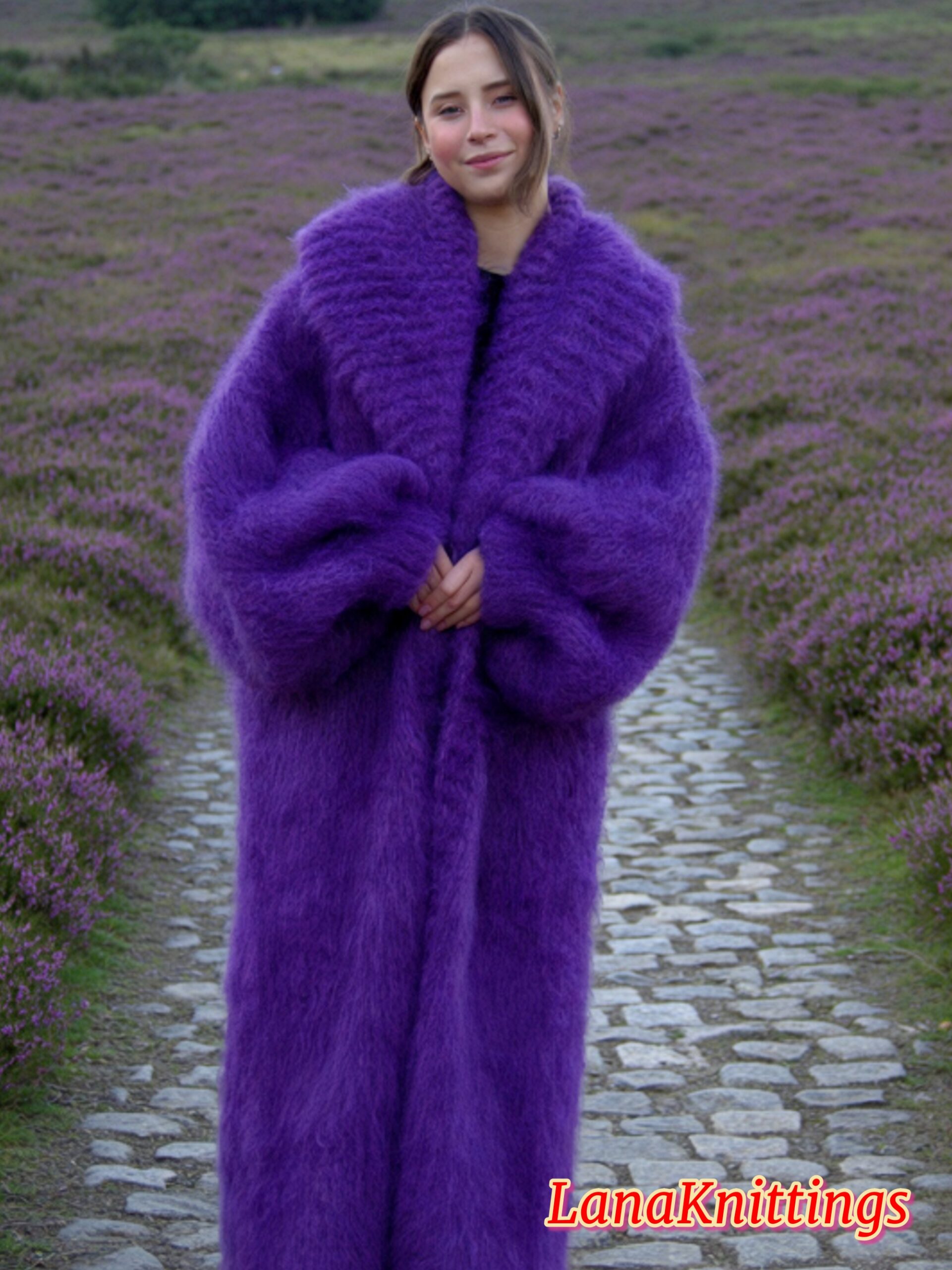 Mohair Long Coat Purple Thick Mohair Shawl Neck HandKnitted - Image 9