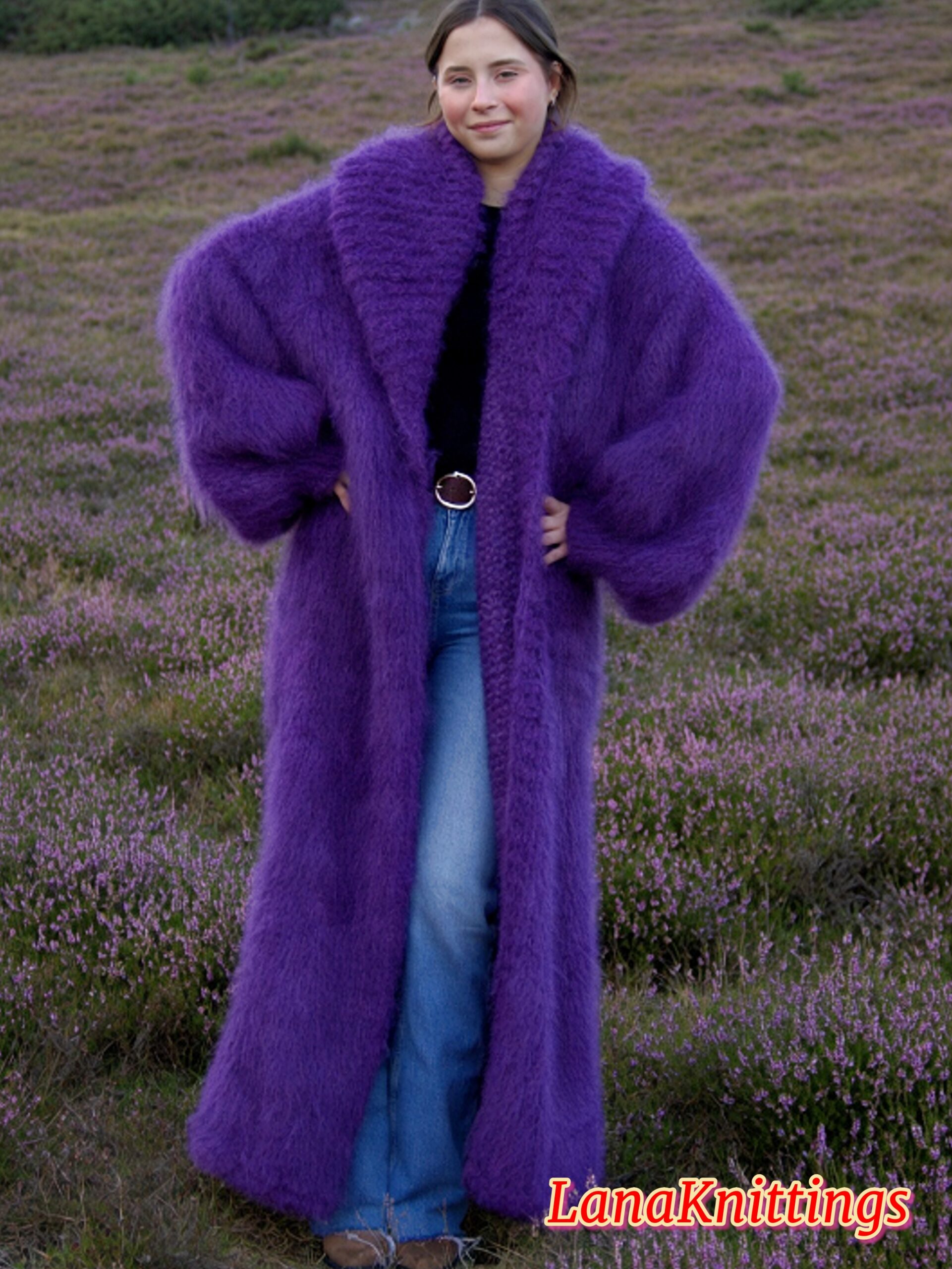 Mohair Long Coat Purple Thick Mohair Shawl Neck HandKnitted - Image 10