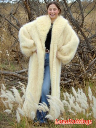 Mohair Long Coat Off White Ivory Thick Mohair Shawl Neck HandKnitted