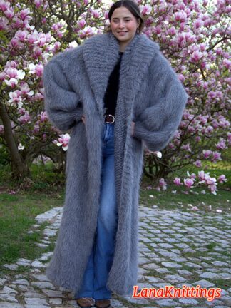 Mohair Long Coat Gray Thick Mohair Shawl Neck HandKnitted