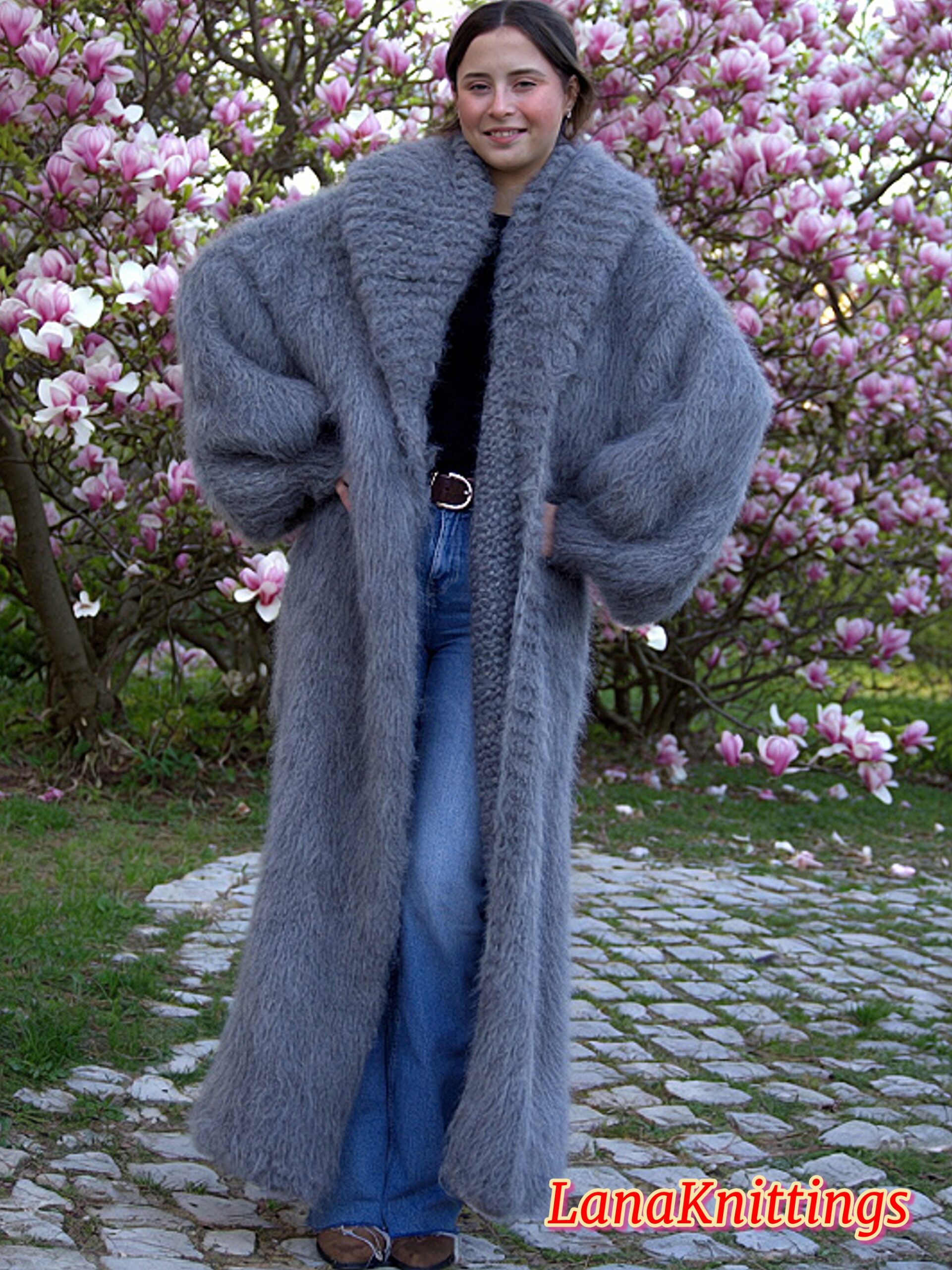 Mohair Long Coat Gray Thick Mohair Shawl Neck HandKnitted