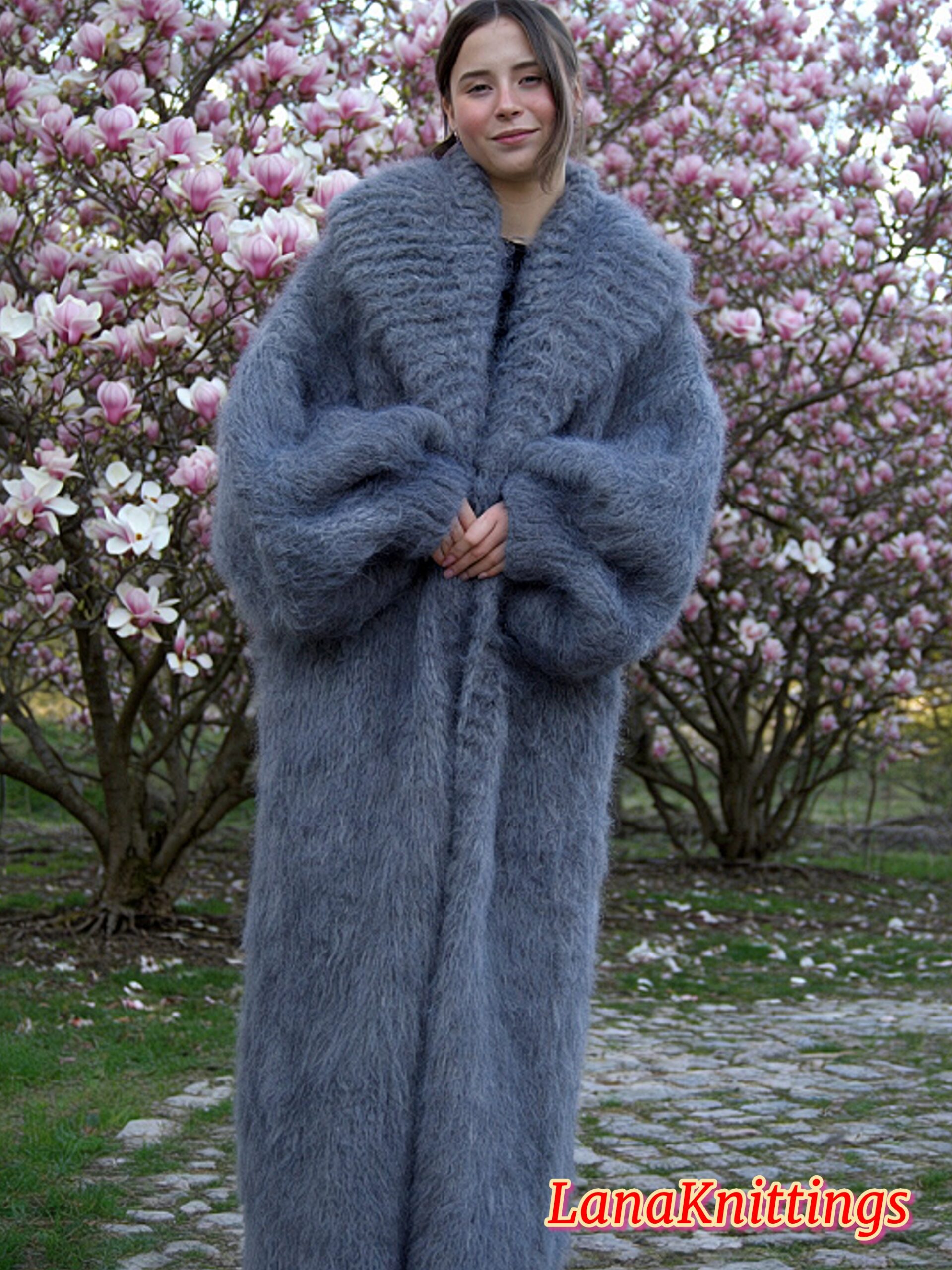 Mohair Long Coat Gray Thick Mohair Shawl Neck HandKnitted - Image 2