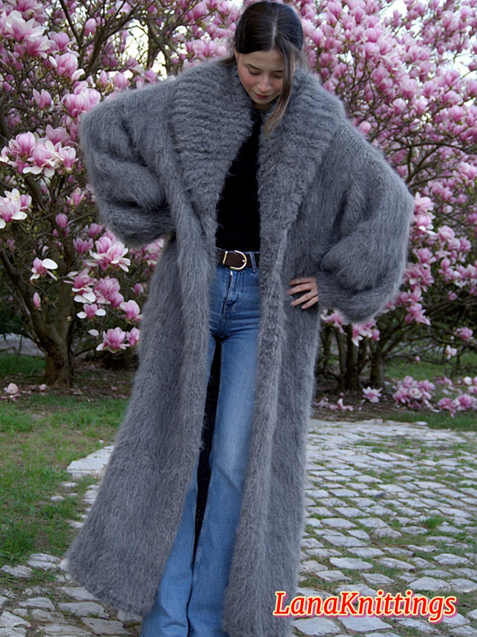 Mohair Long Coat Gray Thick Mohair Shawl Neck HandKnitted - Image 4