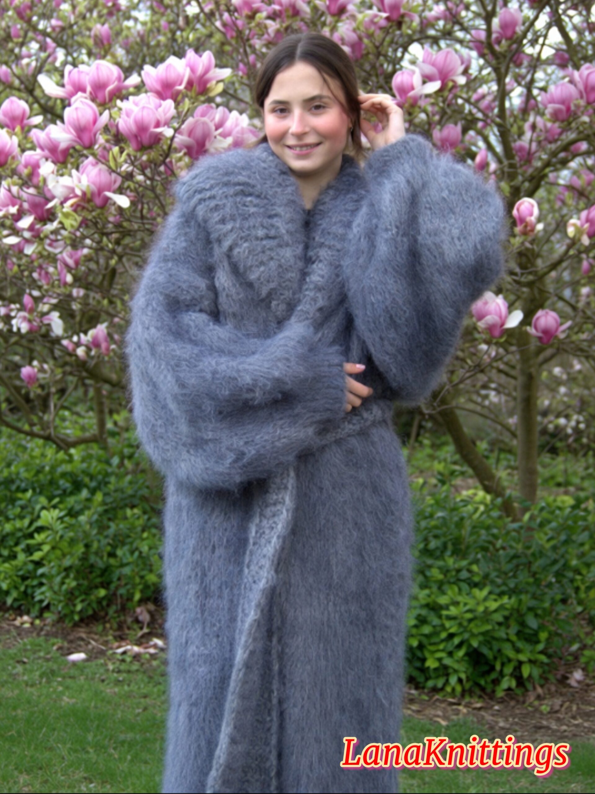 Mohair Long Coat Gray Thick Mohair Shawl Neck HandKnitted - Image 5