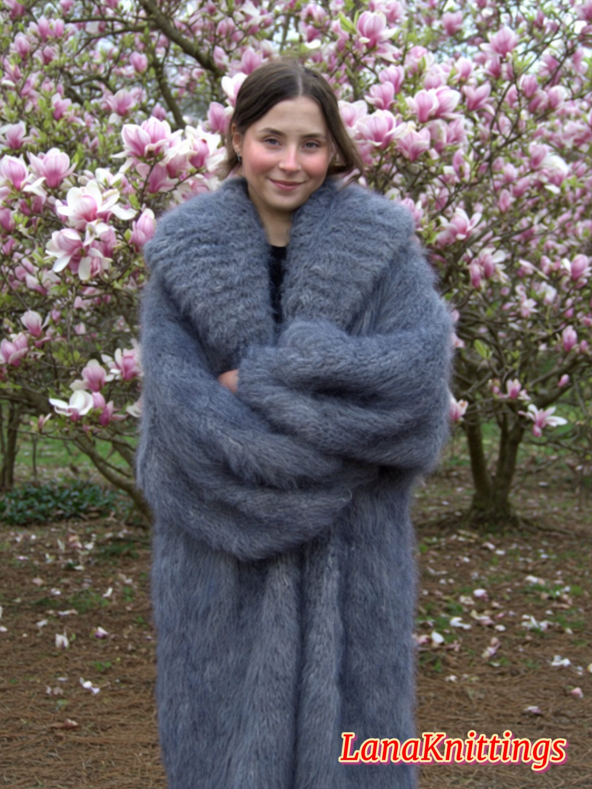 Mohair Long Coat Gray Thick Mohair Shawl Neck HandKnitted - Image 6