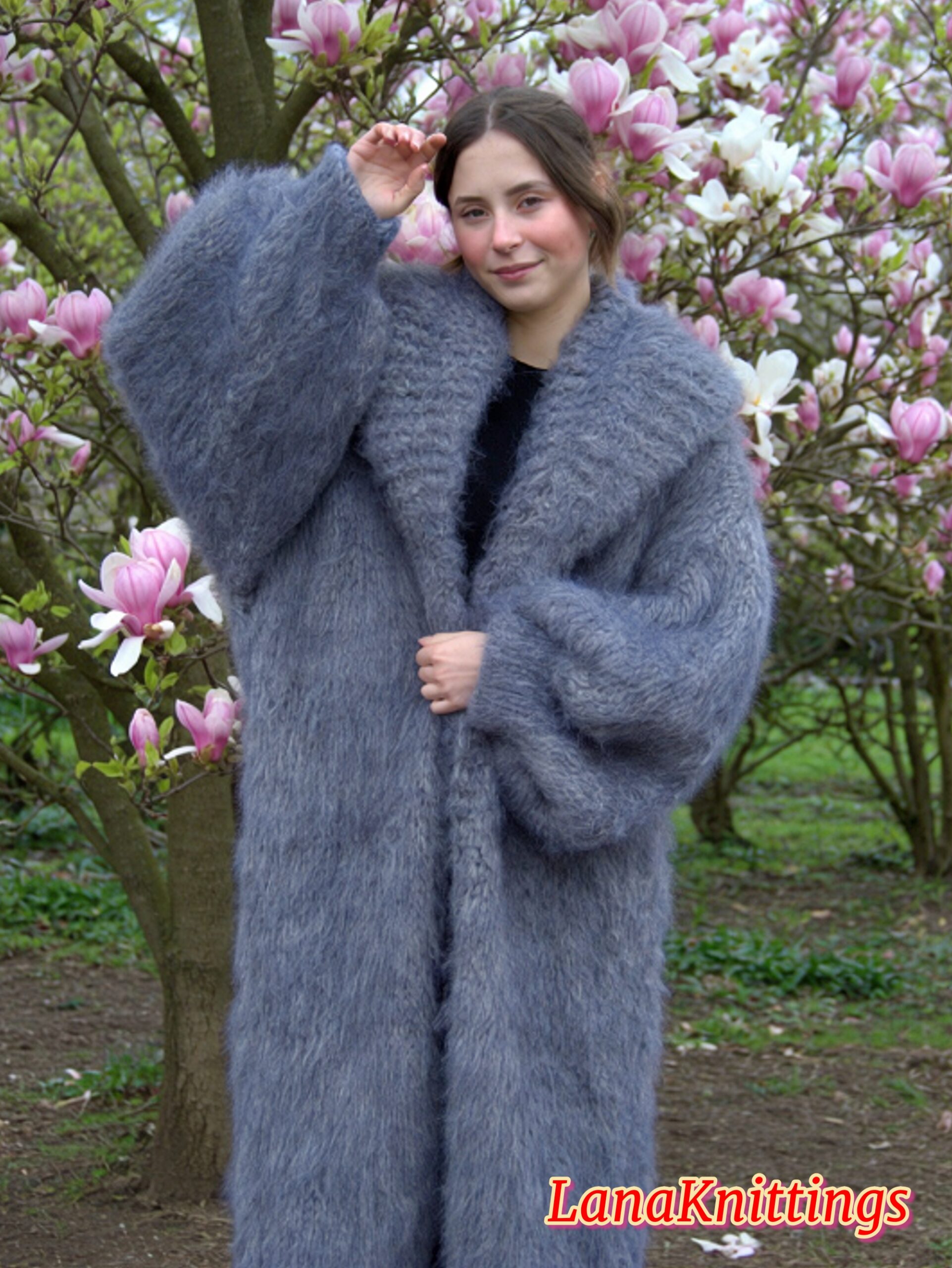 Mohair Long Coat Gray Thick Mohair Shawl Neck HandKnitted - Image 7