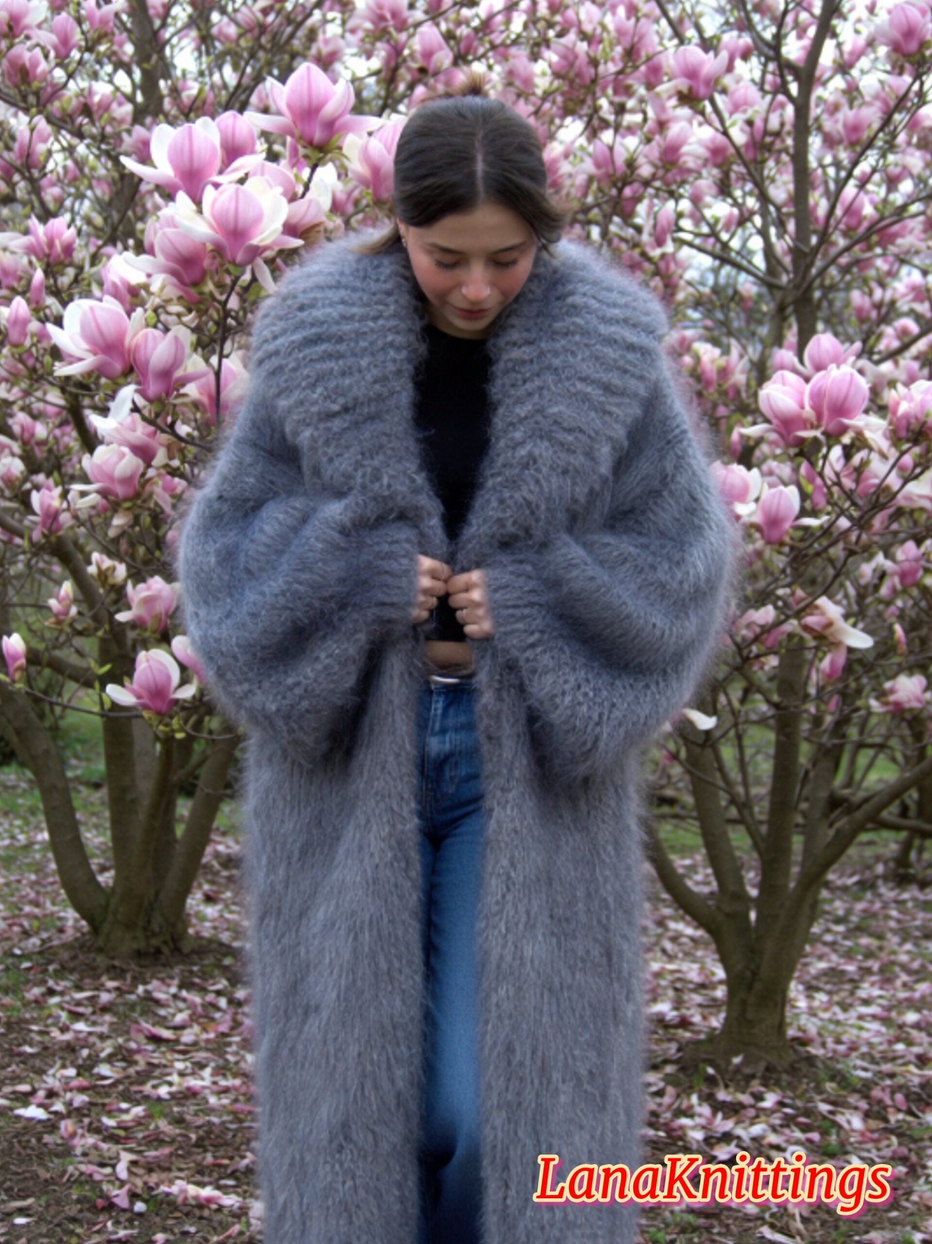 Mohair Long Coat Gray Thick Mohair Shawl Neck HandKnitted - Image 9