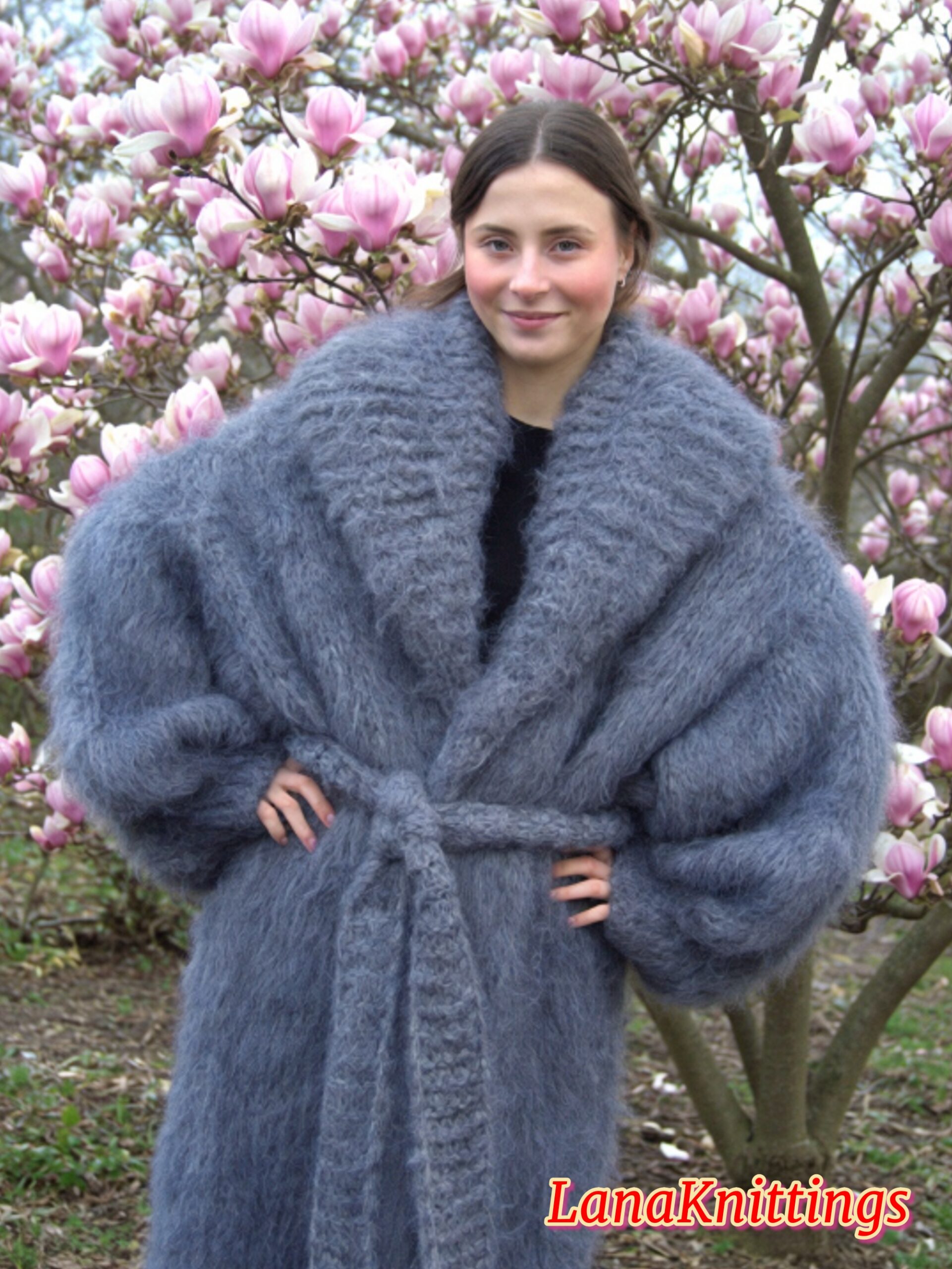 Mohair Long Coat Gray Thick Mohair Shawl Neck HandKnitted - Image 10