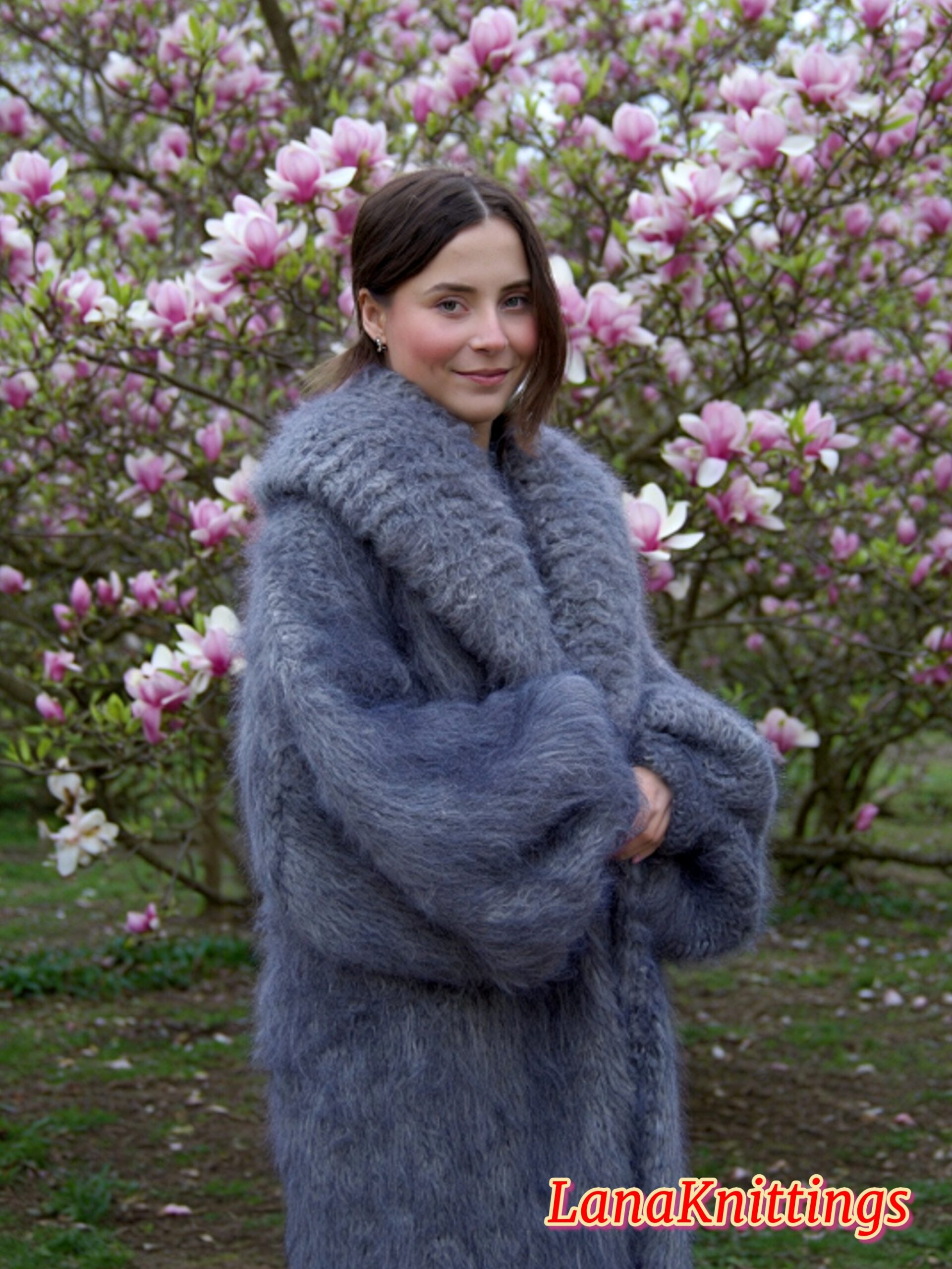 Mohair Long Coat Gray Thick Mohair Shawl Neck HandKnitted - Image 11