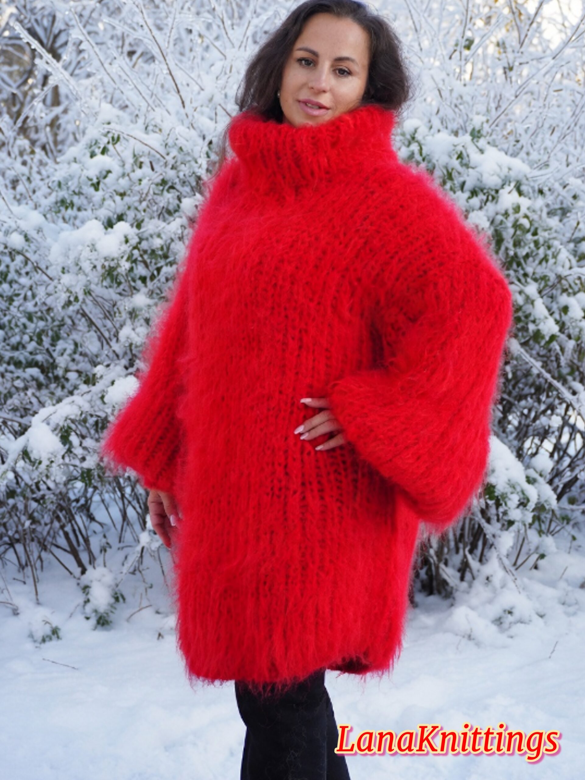 Red Longhair Mohair Sweater Thick Handmade Handknitted by Lanaknittings - Image 3