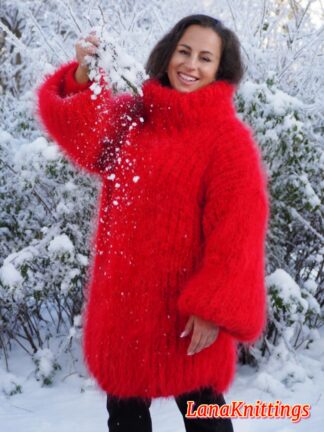 Red Longhair Mohair Sweater Thick Handmade Handknitted by Lanaknittings