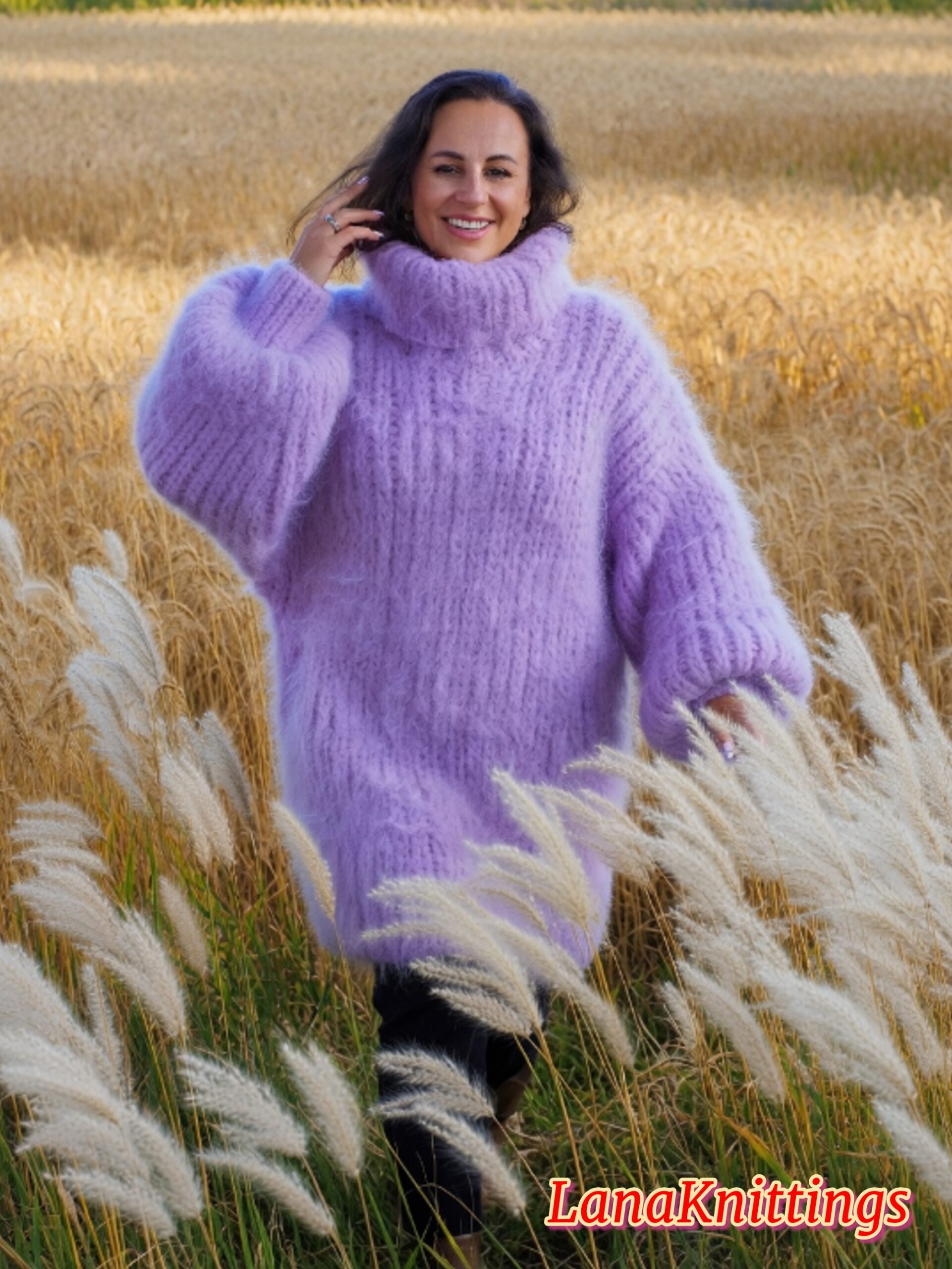 Lavander Longhair Mohair Sweater Thick Handmade Handknitted by Lanaknittings - Image 2