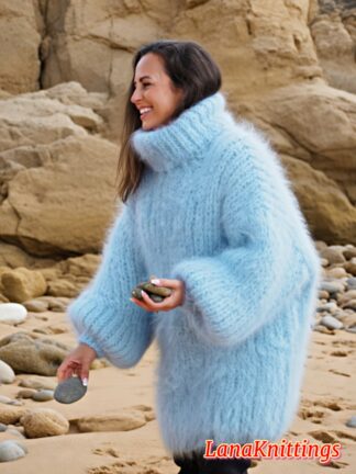 Light Blue Longhair Mohair Sweater Thick Handmade Handknitted by Lanaknittings