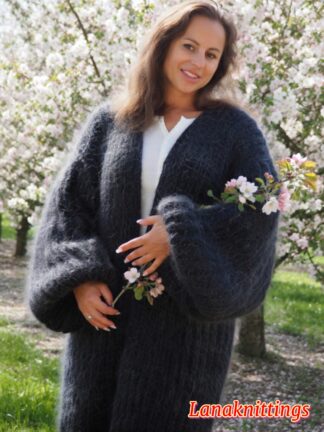 Black  Mohair Fuzzy Coat Thick Mohair HandKnitted Handmade by LanaKnittings