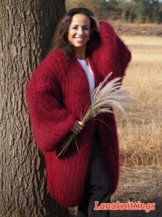 Dark Red Mohair Fuzzy Coat Thick Mohair HandKnitted Handmade by LanaKnittings