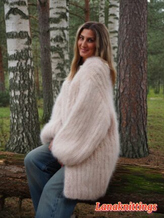 Powder Beige Mohair Fuzzy Coat Thick Mohair HandKnitted Handmade by LanaKnittings