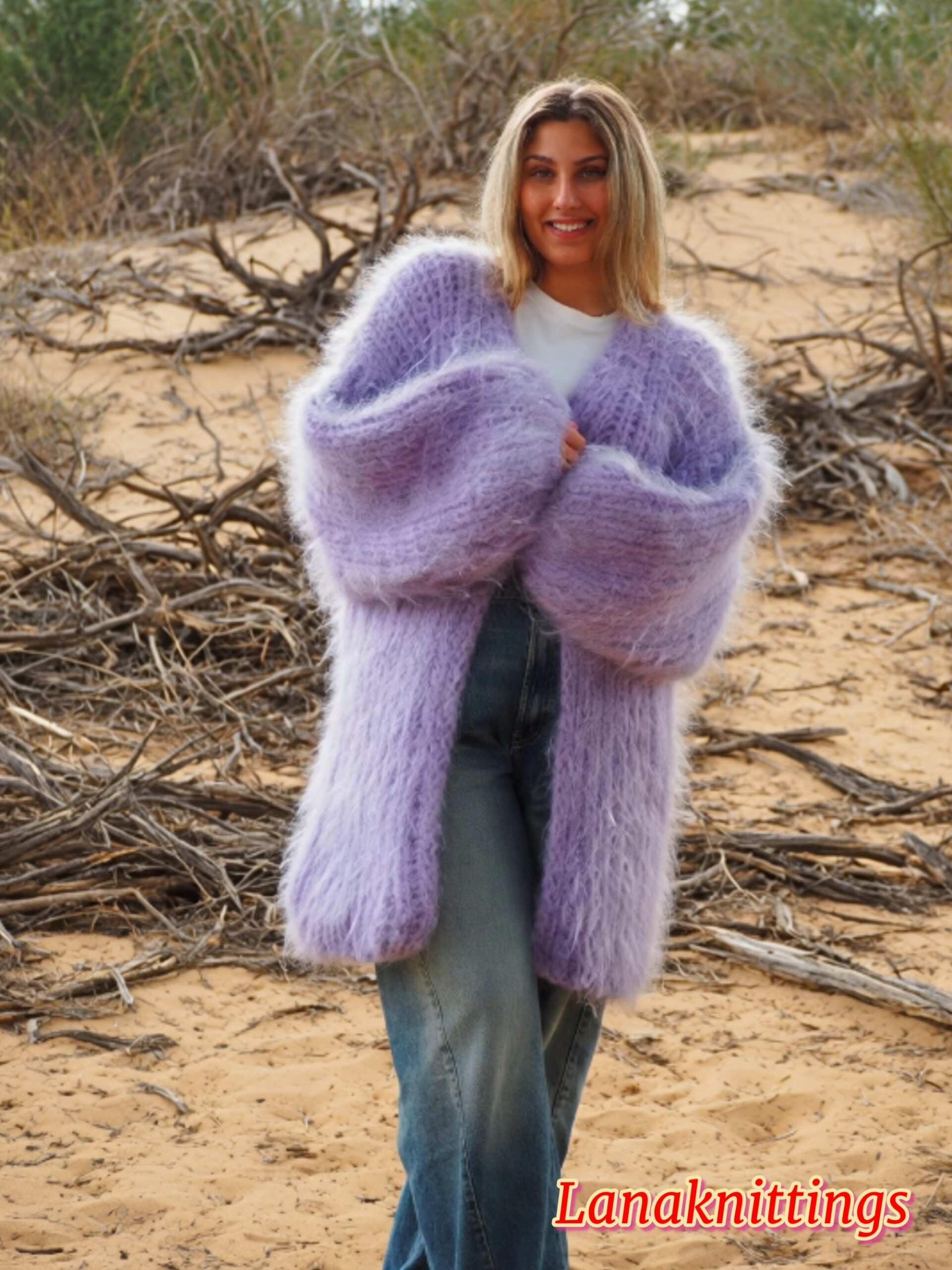 Lavander Mohair Fuzzy Coat Thick Mohair HandKnitted Handmade by LanaKnittings - Image 4