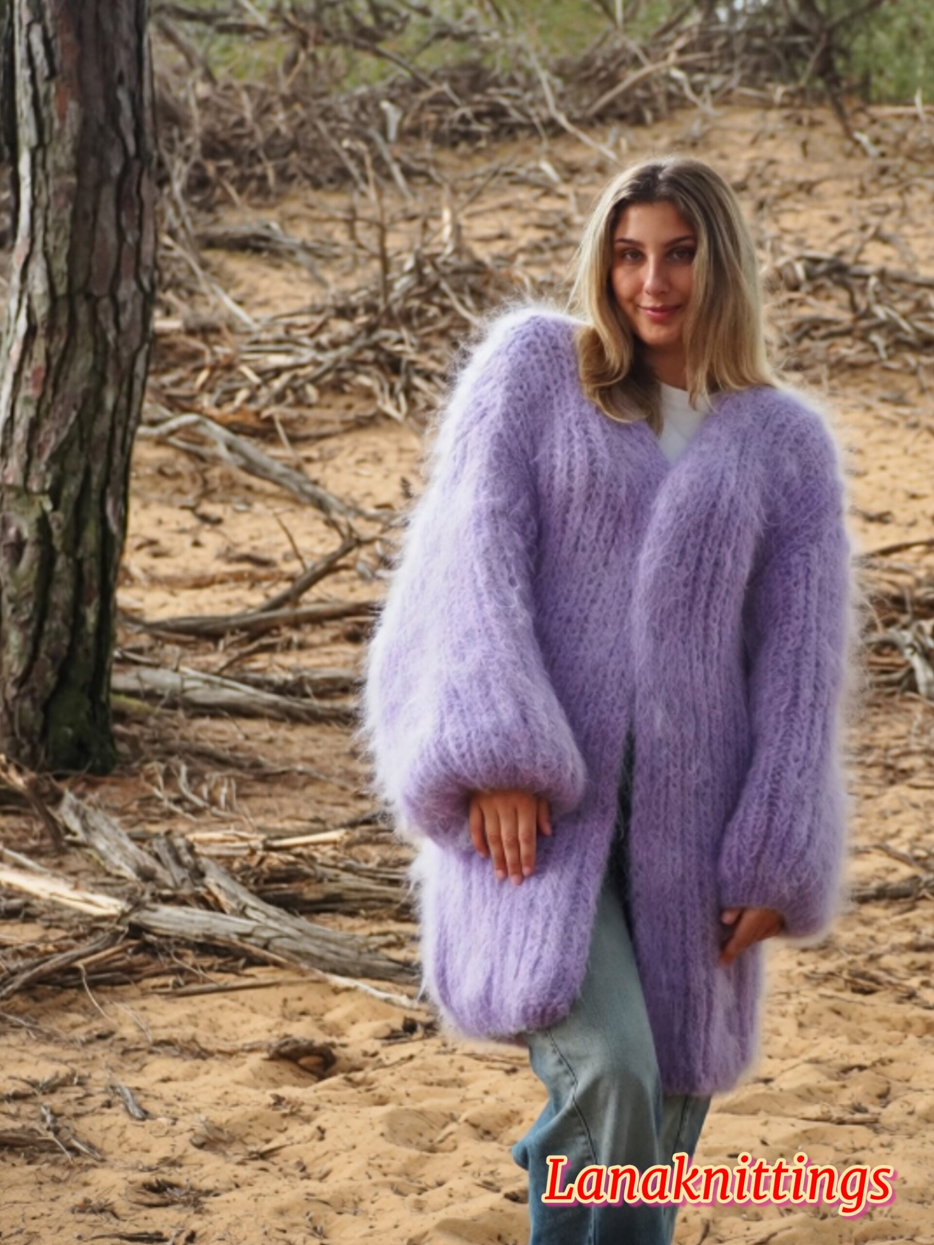 Lavander Mohair Fuzzy Coat Thick Mohair HandKnitted Handmade by LanaKnittings - Image 12