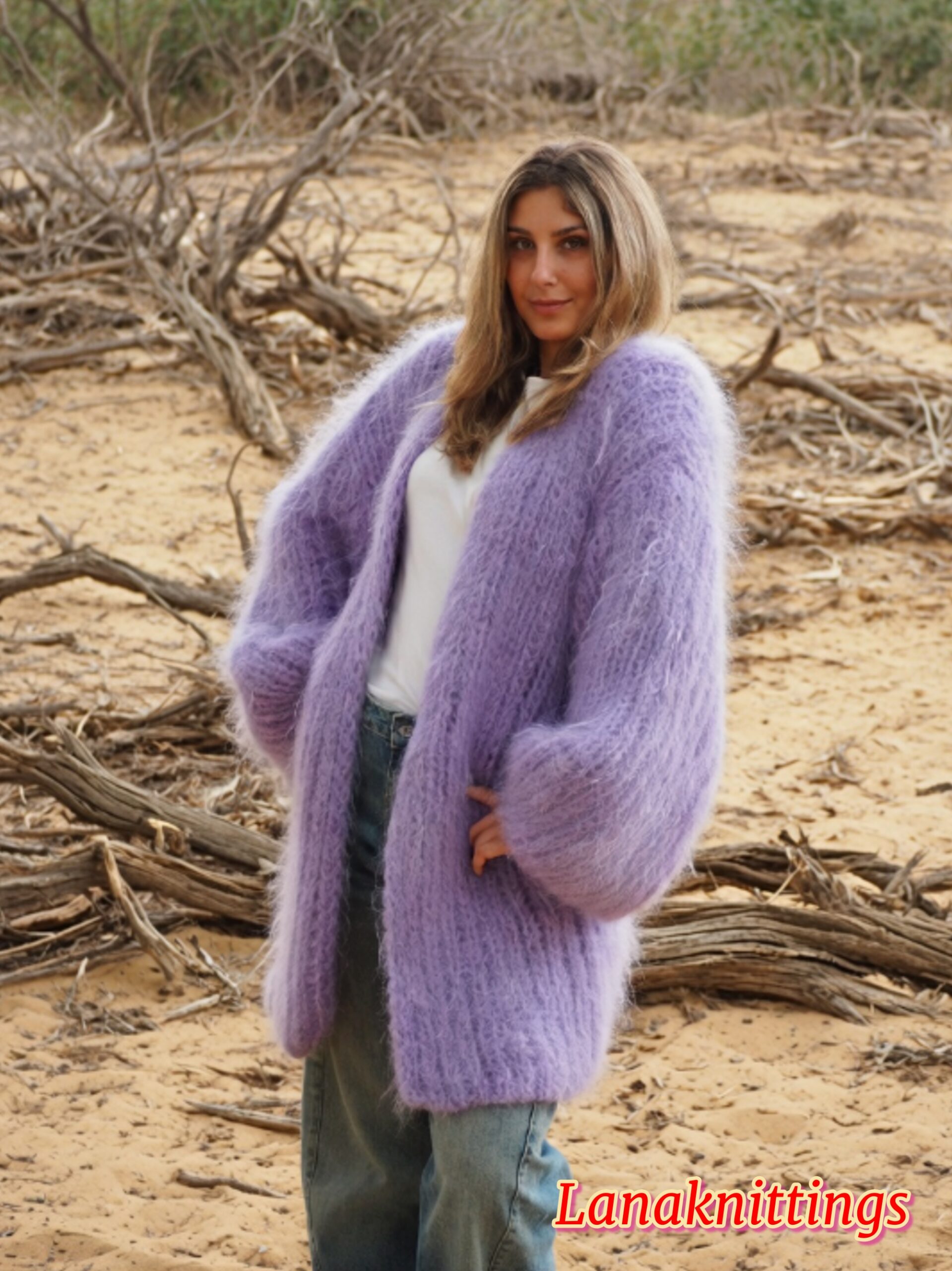 Lavander Mohair Fuzzy Coat Thick Mohair HandKnitted Handmade by LanaKnittings - Image 14