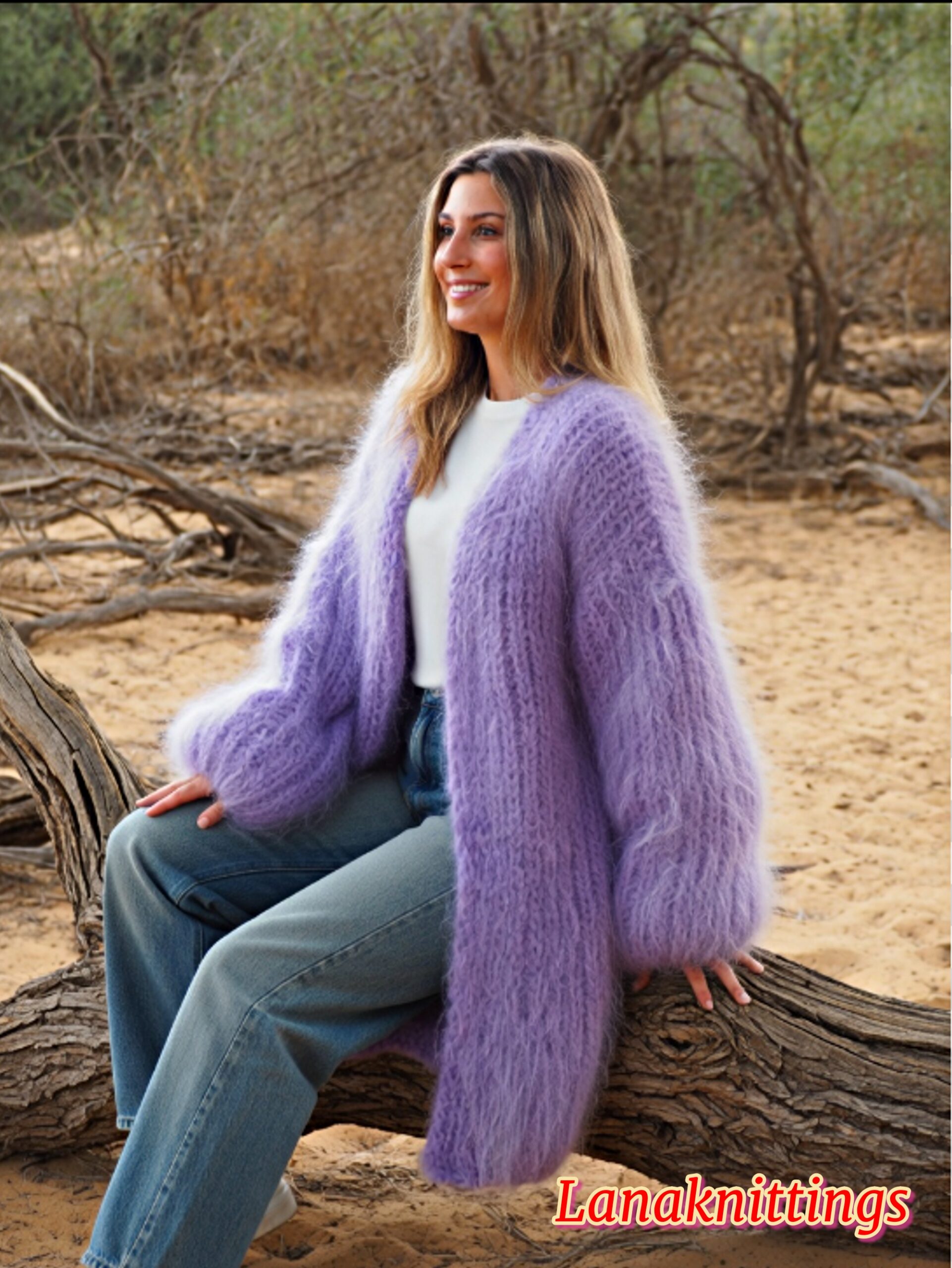 Lavander Mohair Fuzzy Coat Thick Mohair HandKnitted Handmade by LanaKnittings - Image 3