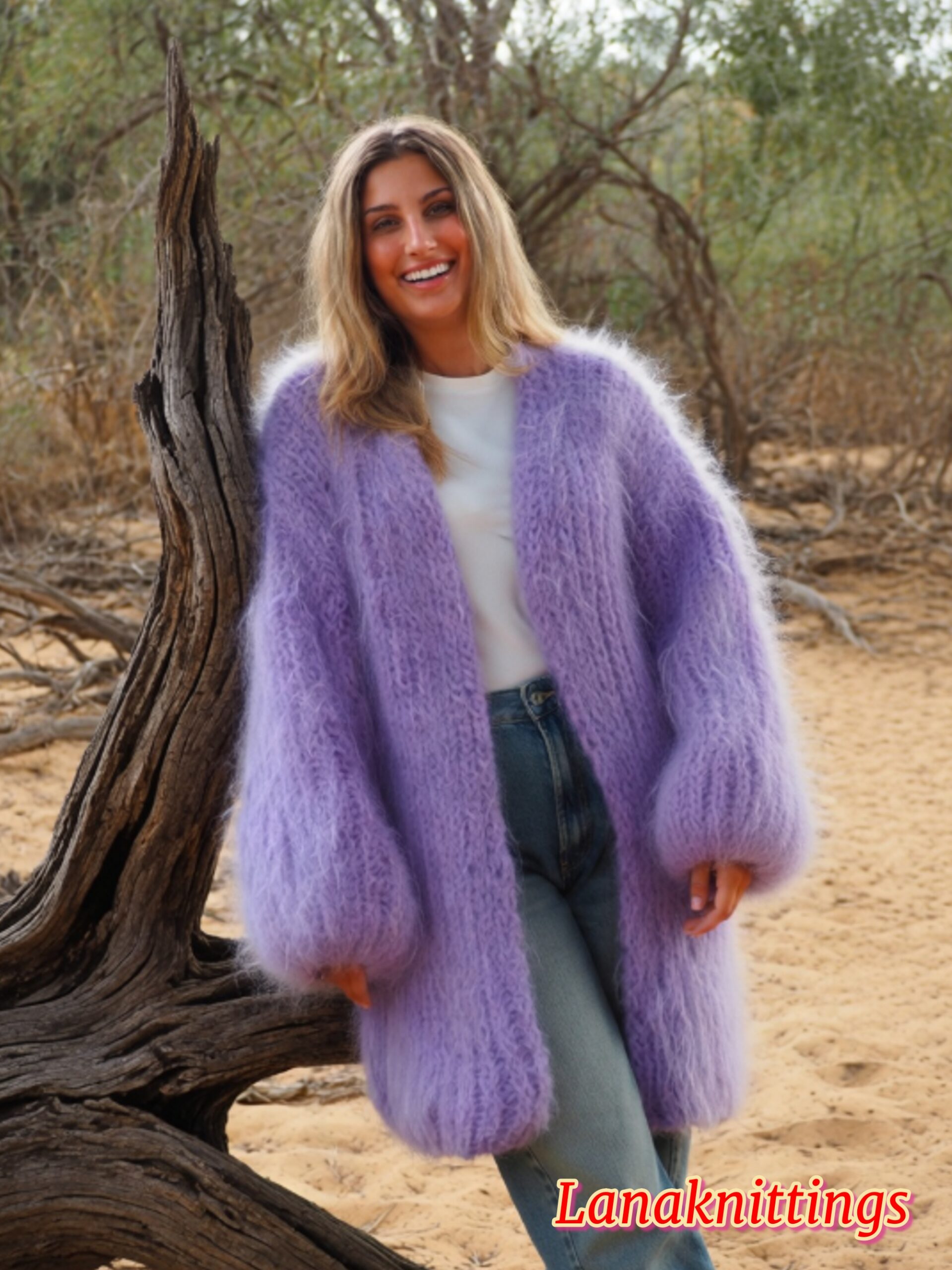 Lavander Mohair Fuzzy Coat Thick Mohair HandKnitted Handmade by LanaKnittings - Image 2