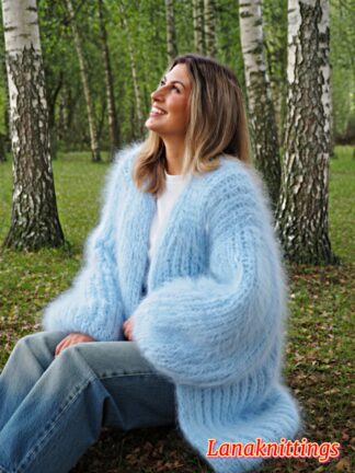Light Blue Mohair Fuzzy Coat Thick Mohair HandKnitted Handmade by LanaKnittings