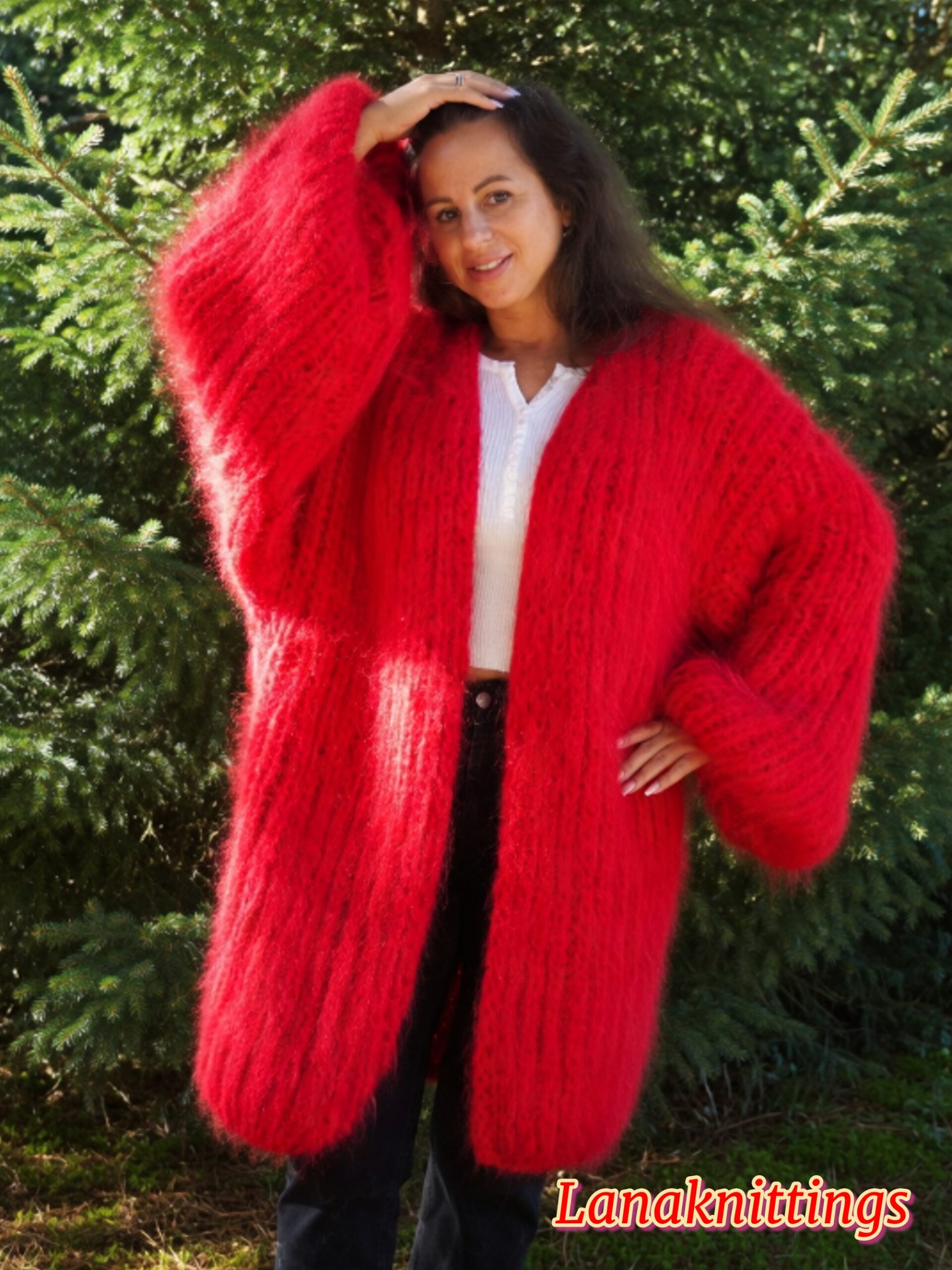 Red Mohair Fuzzy Coat Thick Mohair HandKnitted Handmade by LanaKnittings - Image 4