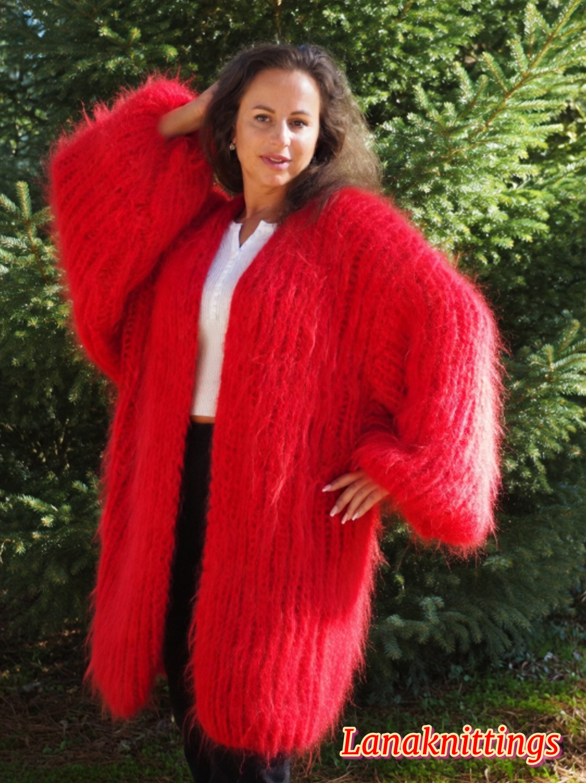 Red Mohair Fuzzy Coat Thick Mohair HandKnitted Handmade by LanaKnittings - Image 6