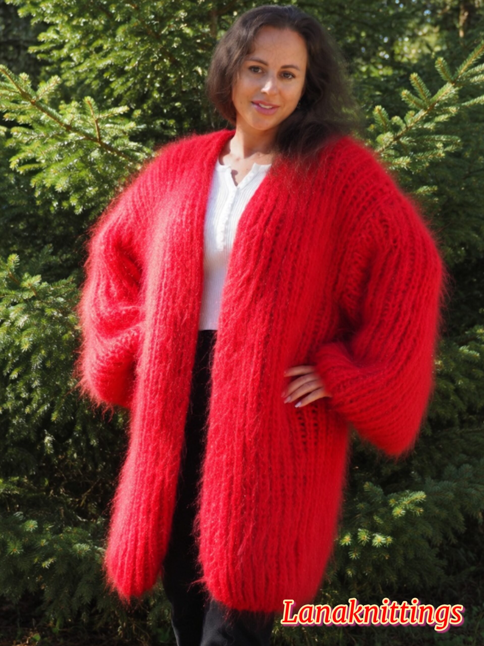 Red Mohair Fuzzy Coat Thick Mohair HandKnitted Handmade by LanaKnittings - Image 8