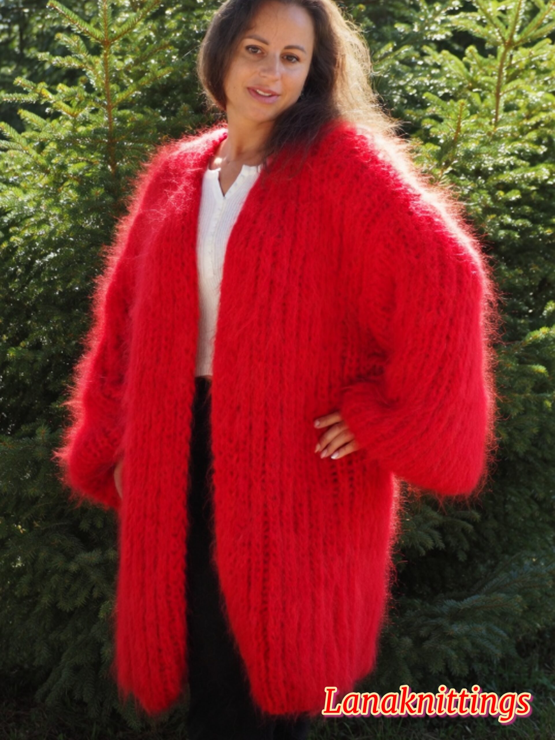 Red Mohair Fuzzy Coat Thick Mohair HandKnitted Handmade by LanaKnittings - Image 10