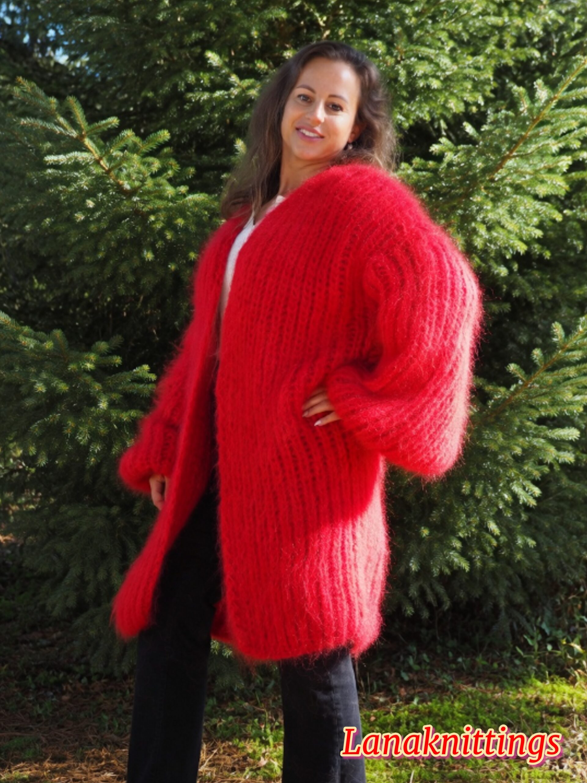 Red Mohair Fuzzy Coat Thick Mohair HandKnitted Handmade by LanaKnittings - Image 12
