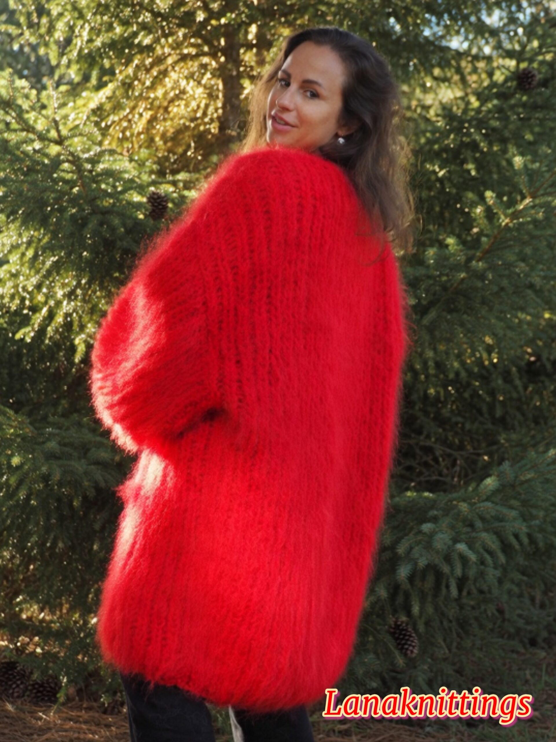 Red Mohair Fuzzy Coat Thick Mohair HandKnitted Handmade by LanaKnittings - Image 13